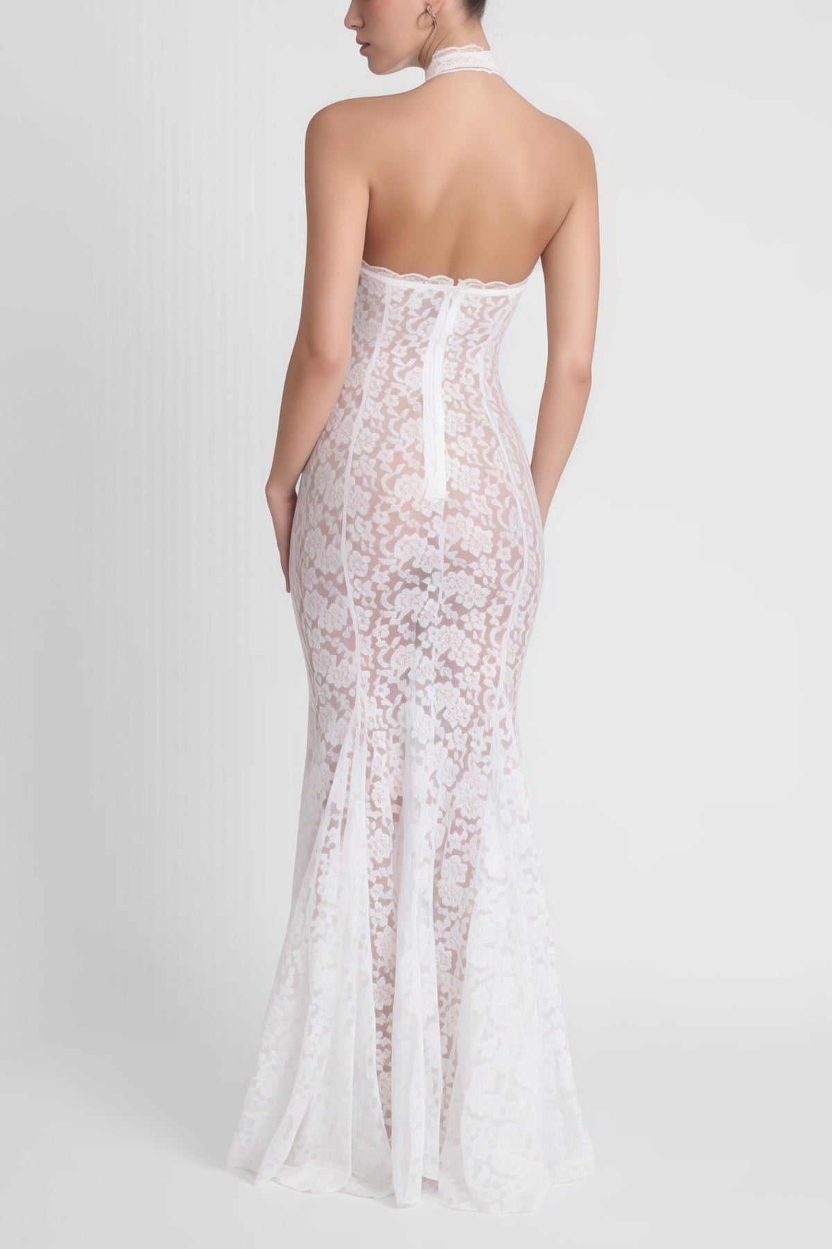 Solange White Halterneck Floral Lace Maxi Dress (Final Sale)