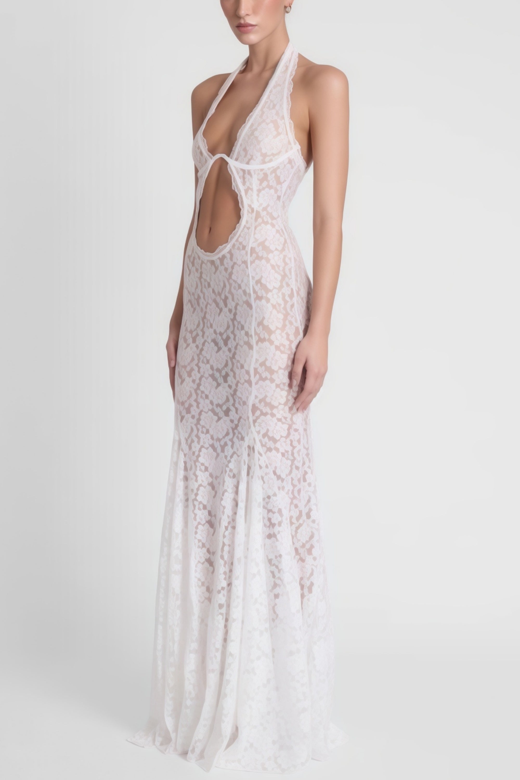 Solange White Halterneck Floral Lace Maxi Dress (Final Sale)