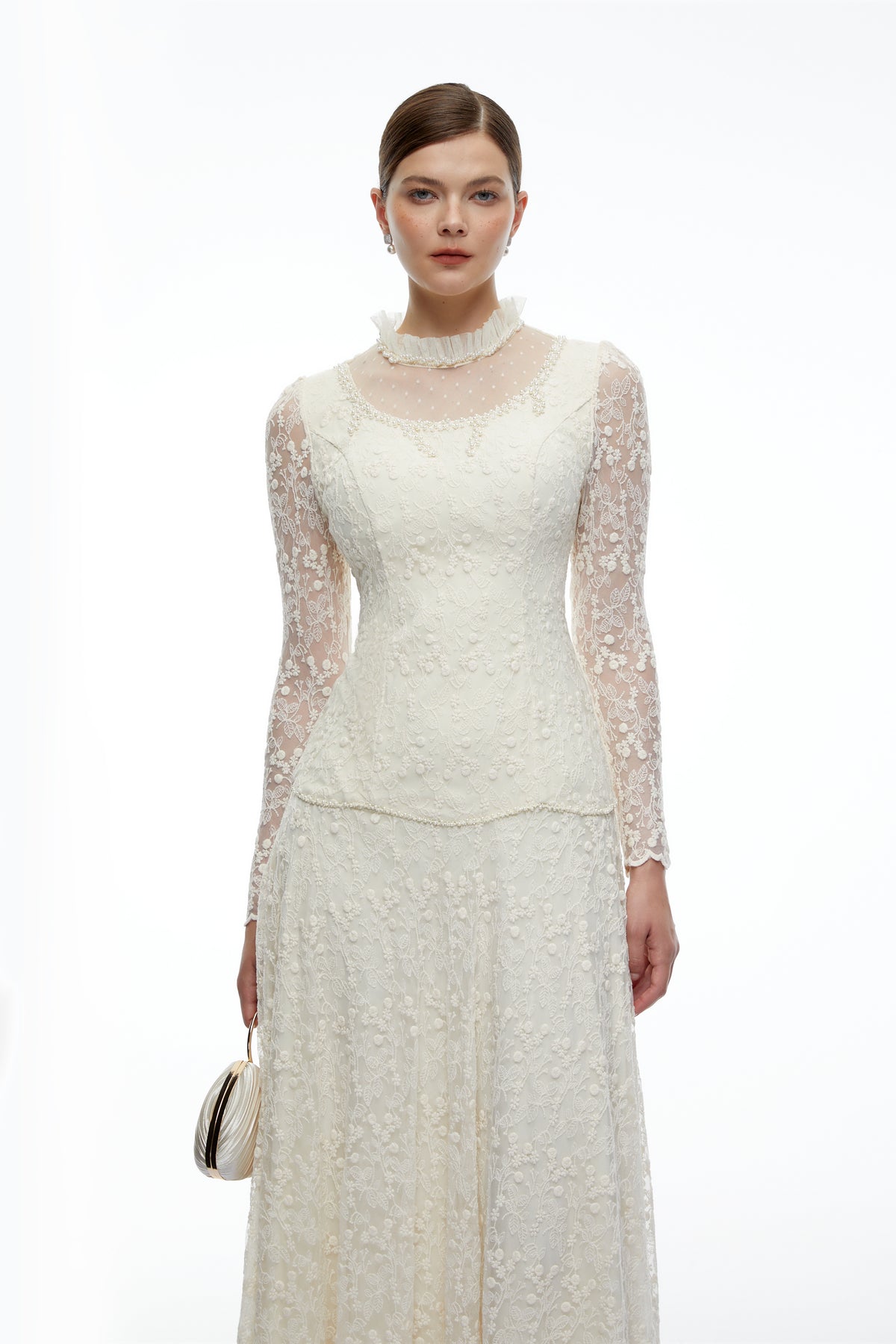 samantha cream high neck lace long sleeves top & skirt set