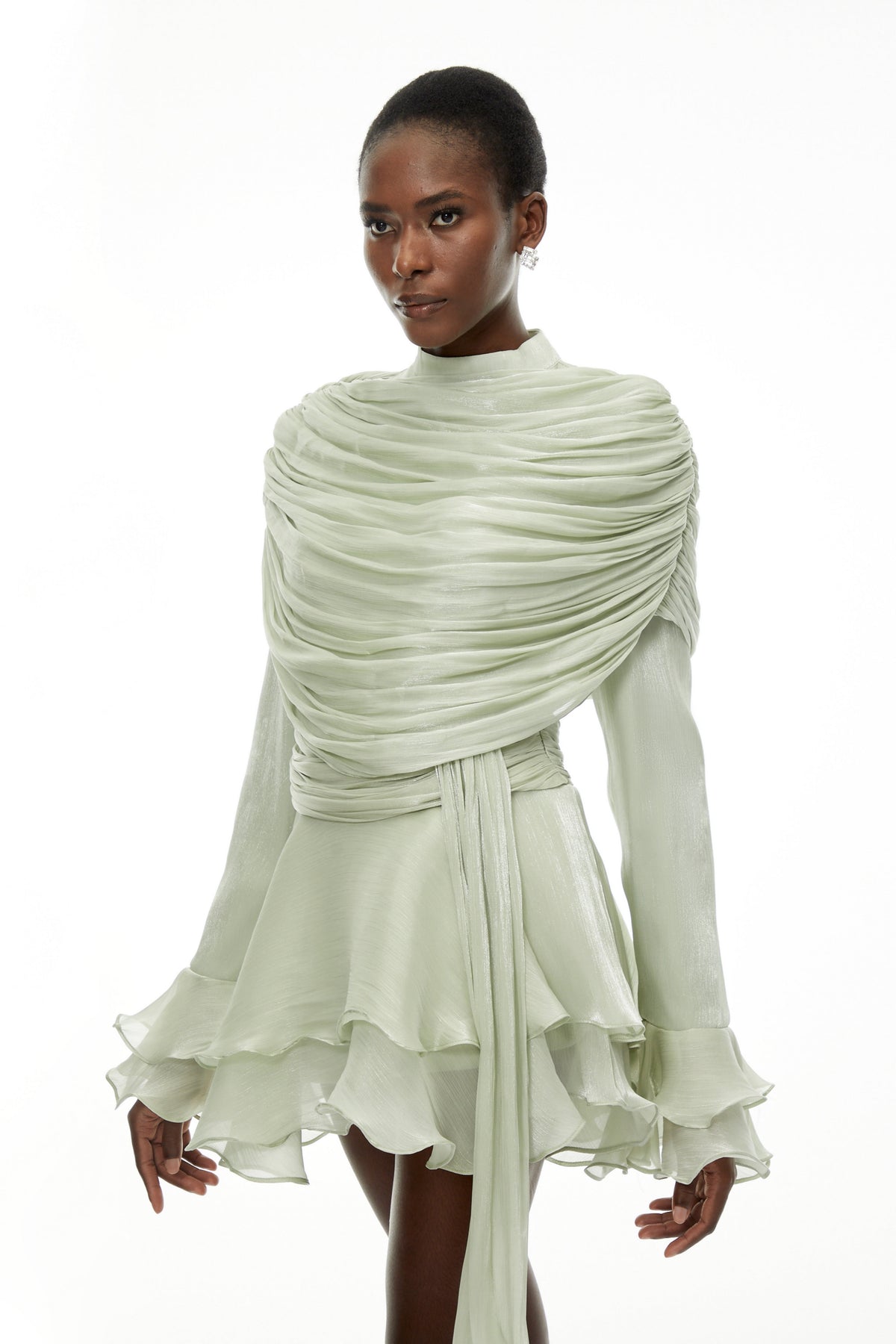 Samira Sage Green Ruffled Ruched Mini Dress with Ribbon