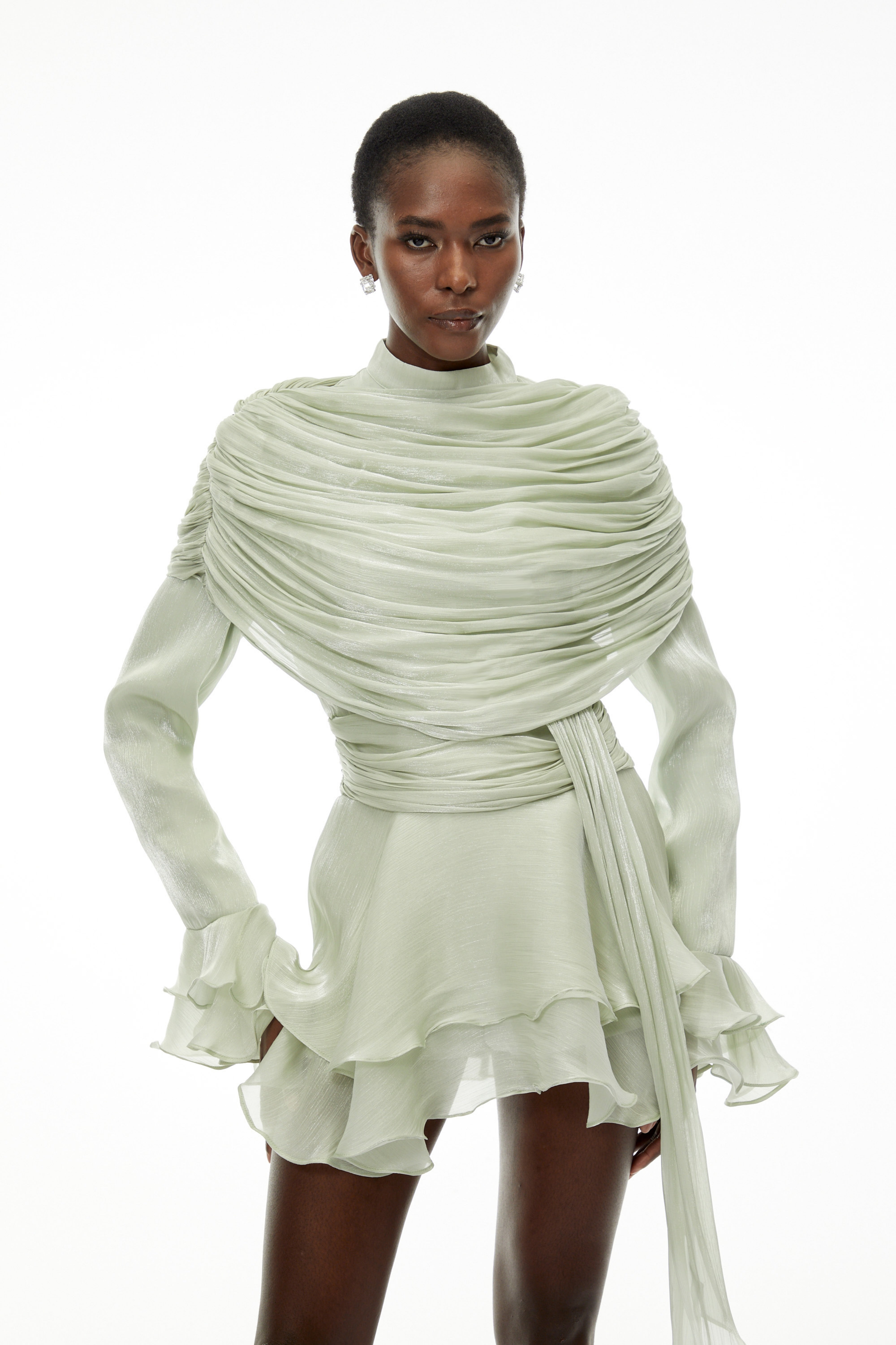 Samira Sage Green Ruffled Ruched Mini Dress with Ribbon