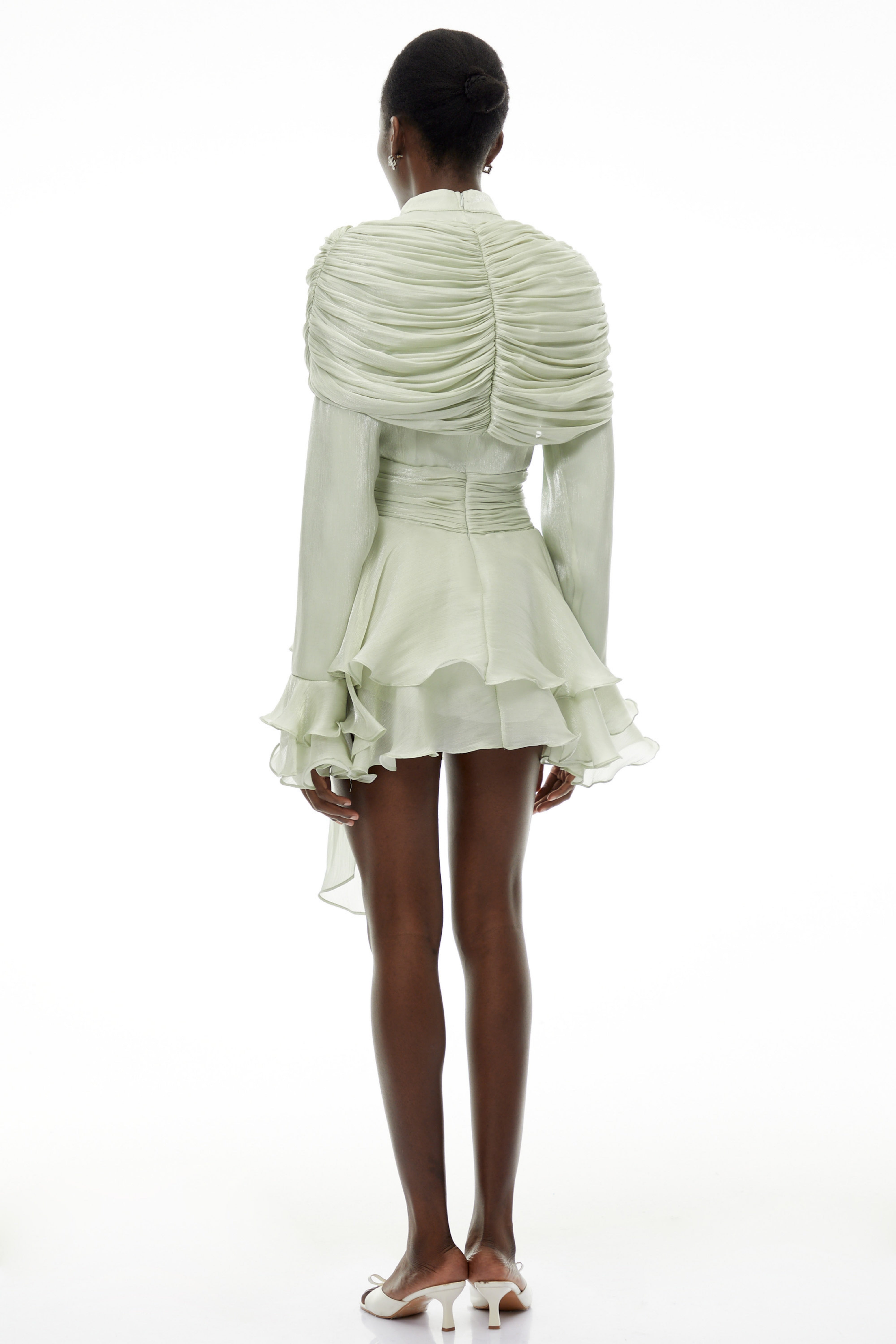 Samira Sage Green Ruffled Ruched Mini Dress with Ribbon
