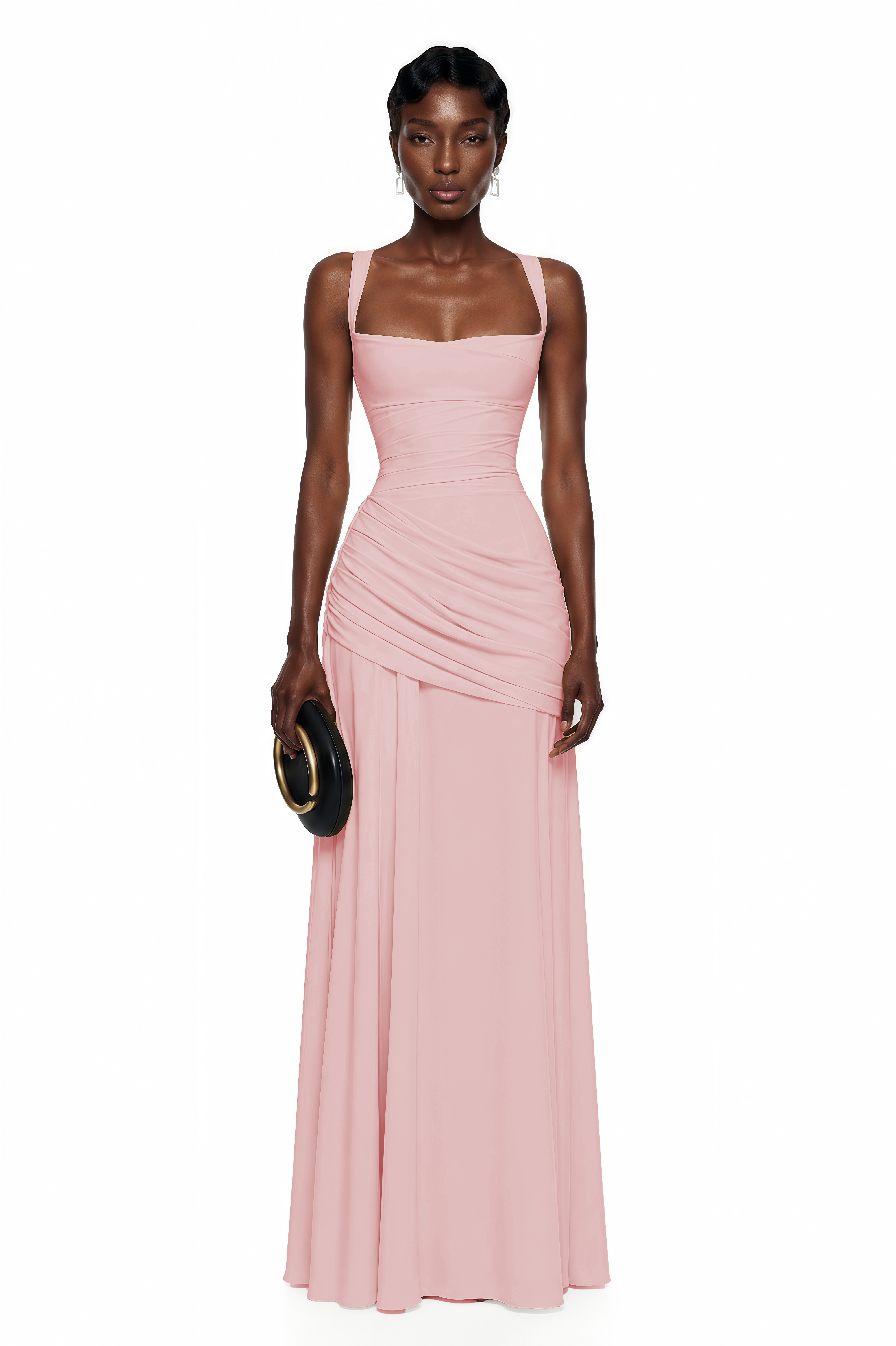Sanne Pink Square Neck Ruched Maxi Dress