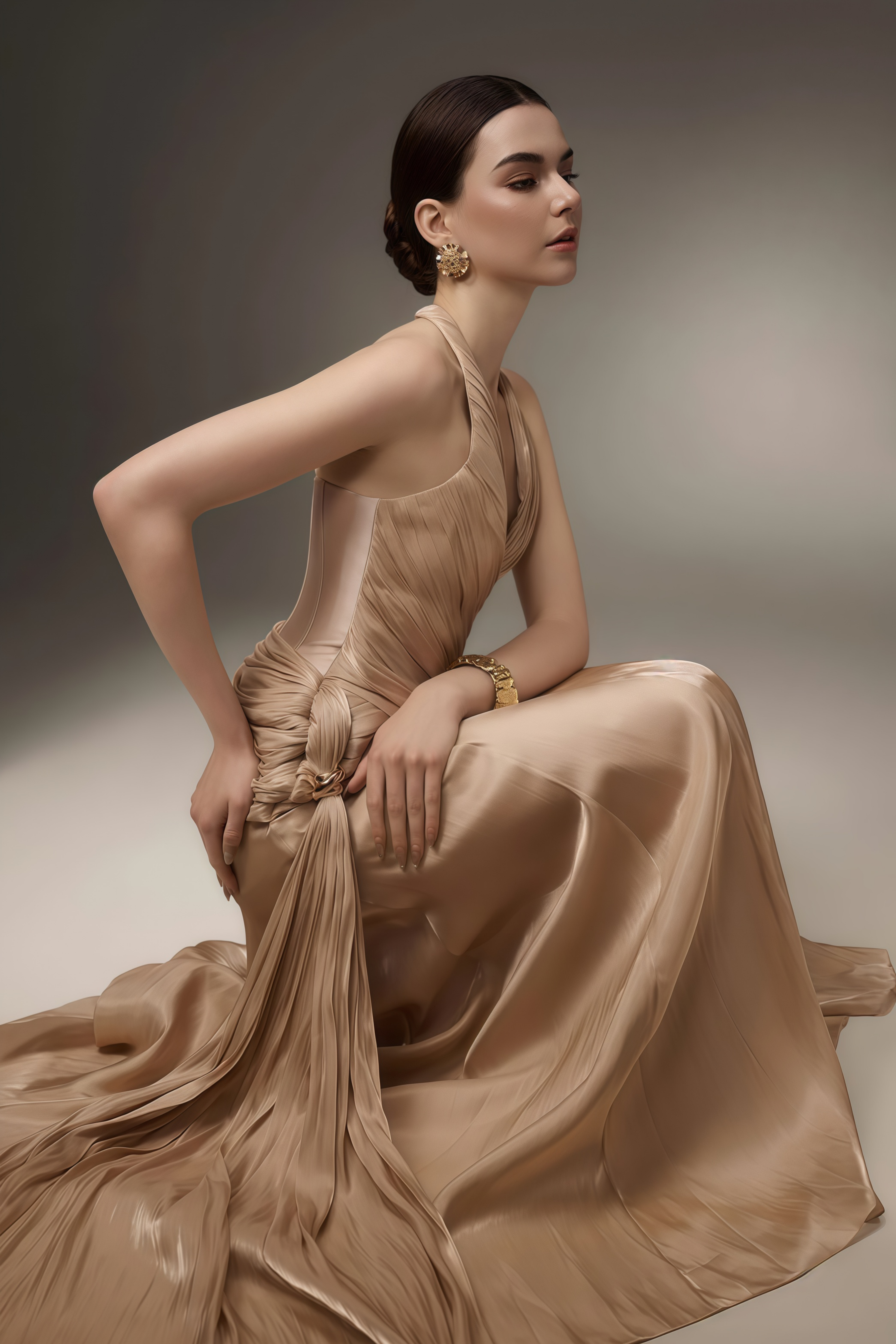 Sapir Bronze Halterneck Satin Maxi Dress with Ribbon