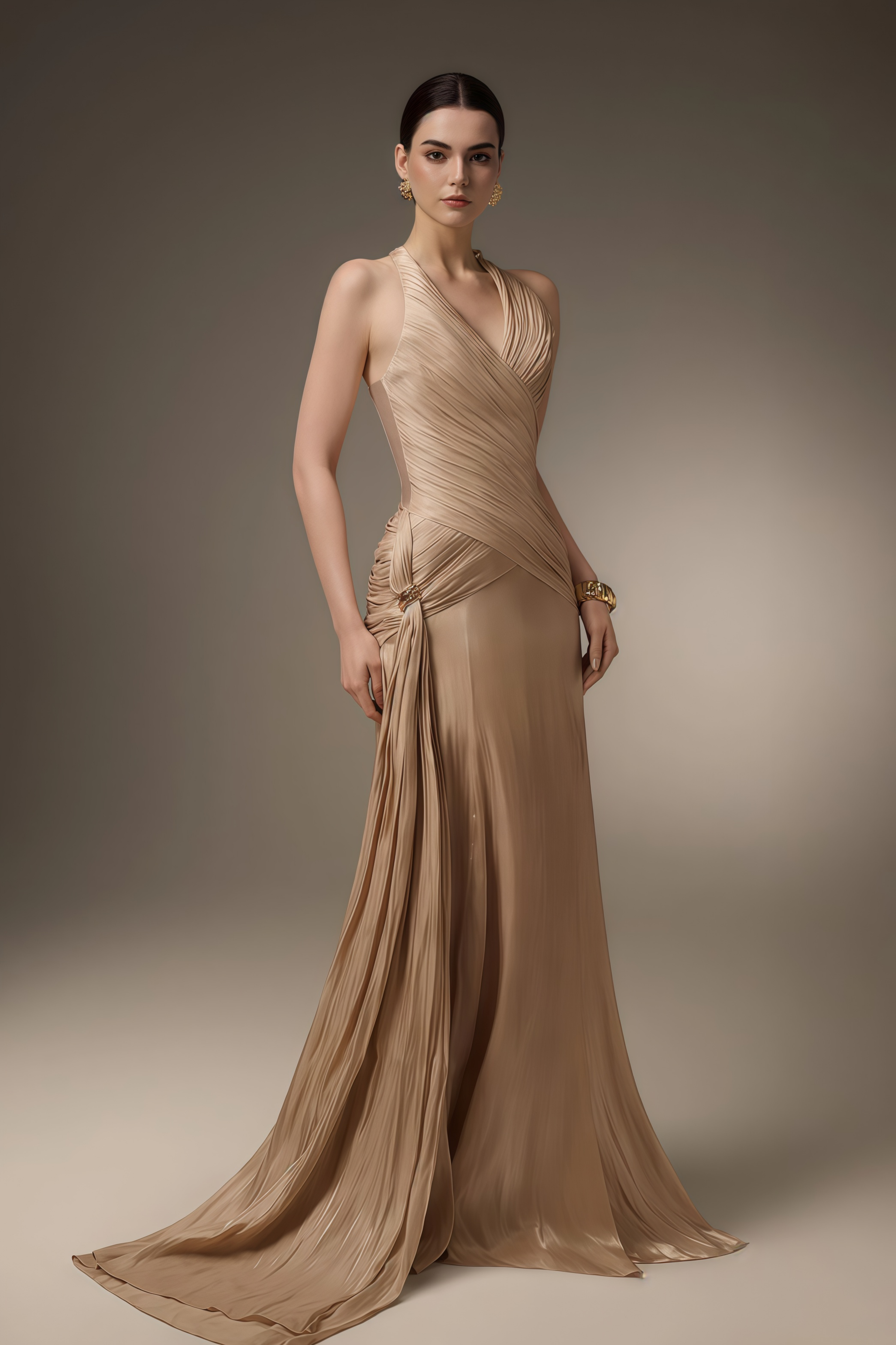 Sapir Bronze Halterneck Satin Maxi Dress with Ribbon