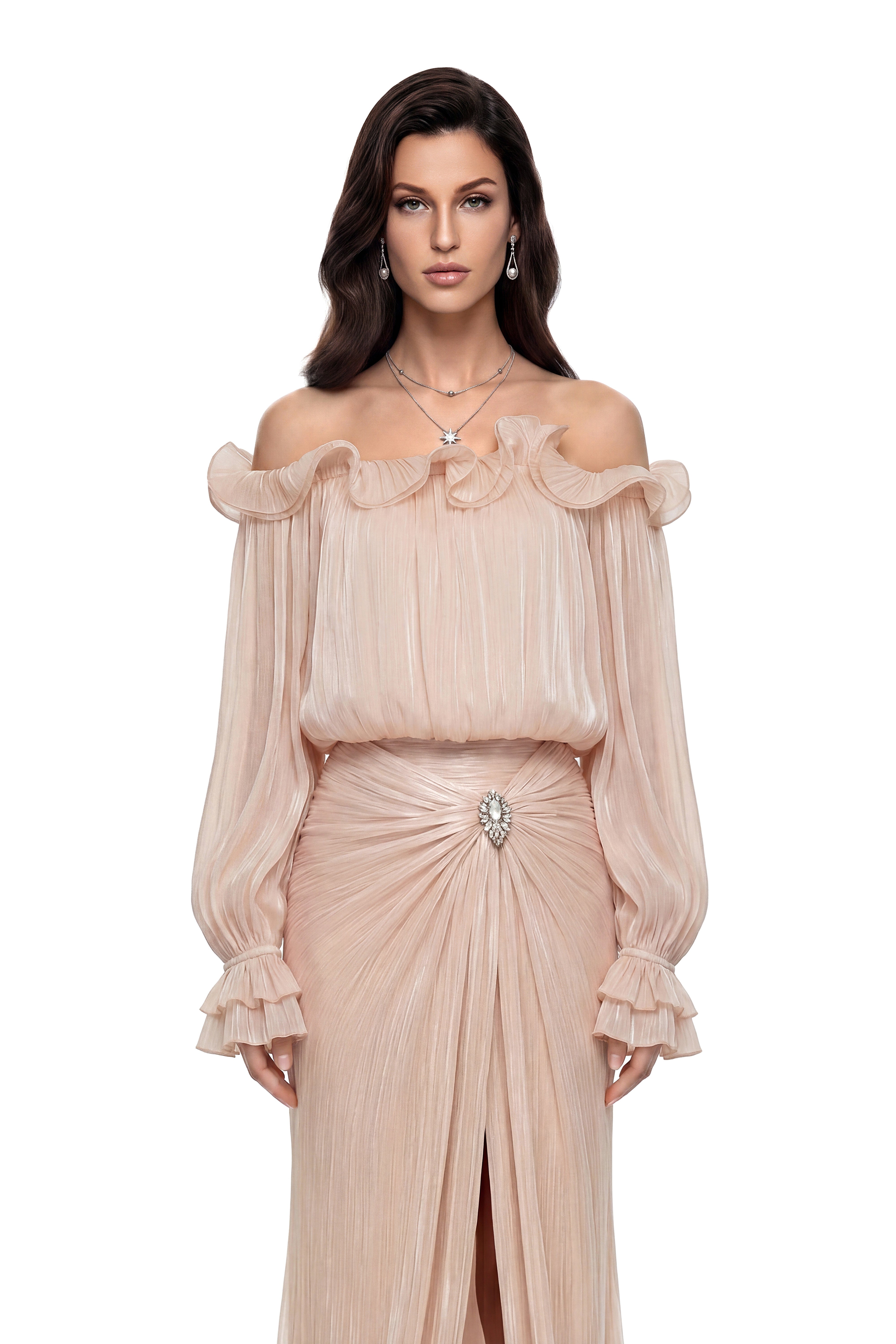 Sappho Champagne Off Shoulder Ruffled Blouse