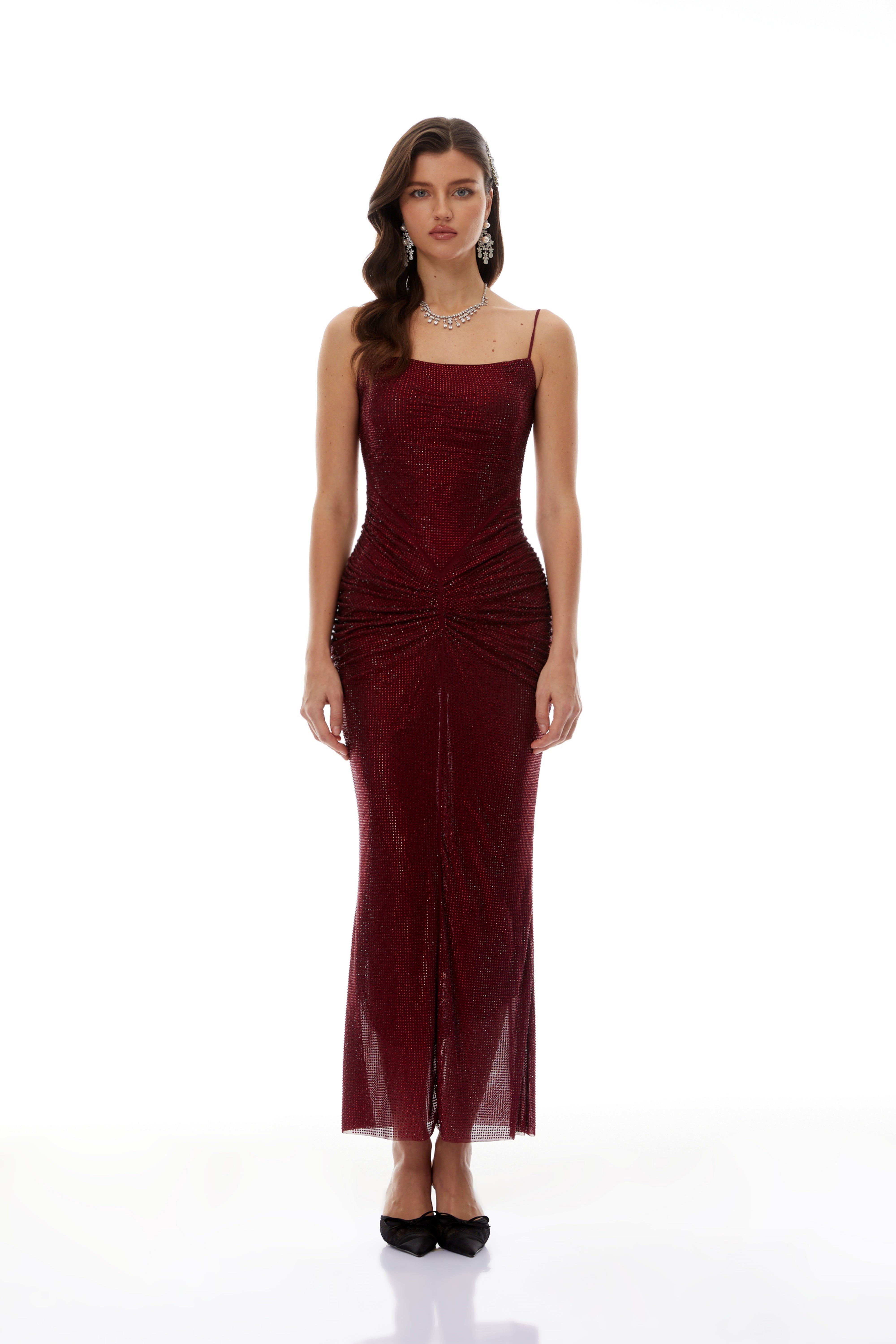 Sara Burgundy Rhinestone Ruched Maxi Gown (Final Sale)