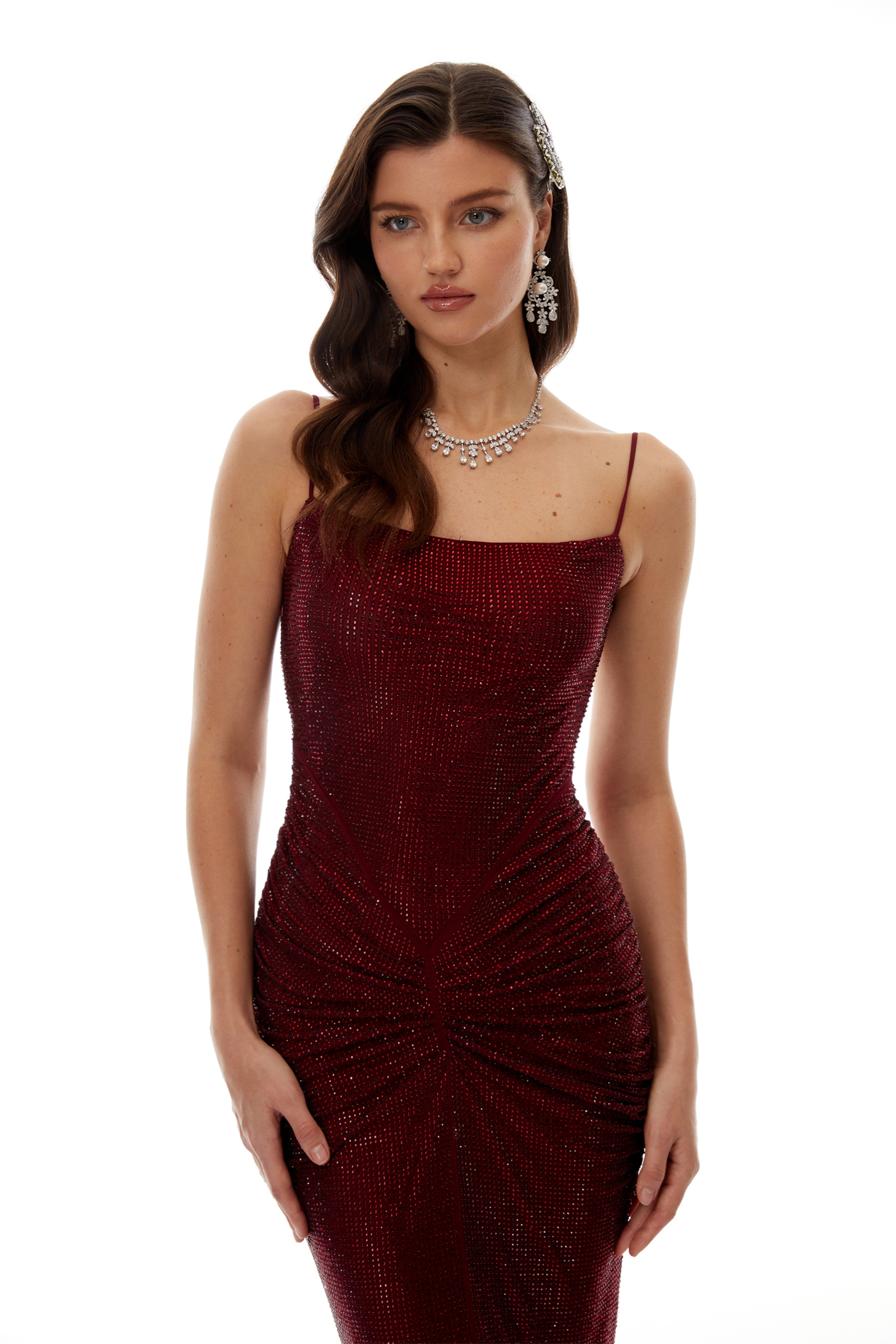 Sara Burgundy Rhinestone Ruched Maxi Gown (Final Sale)
