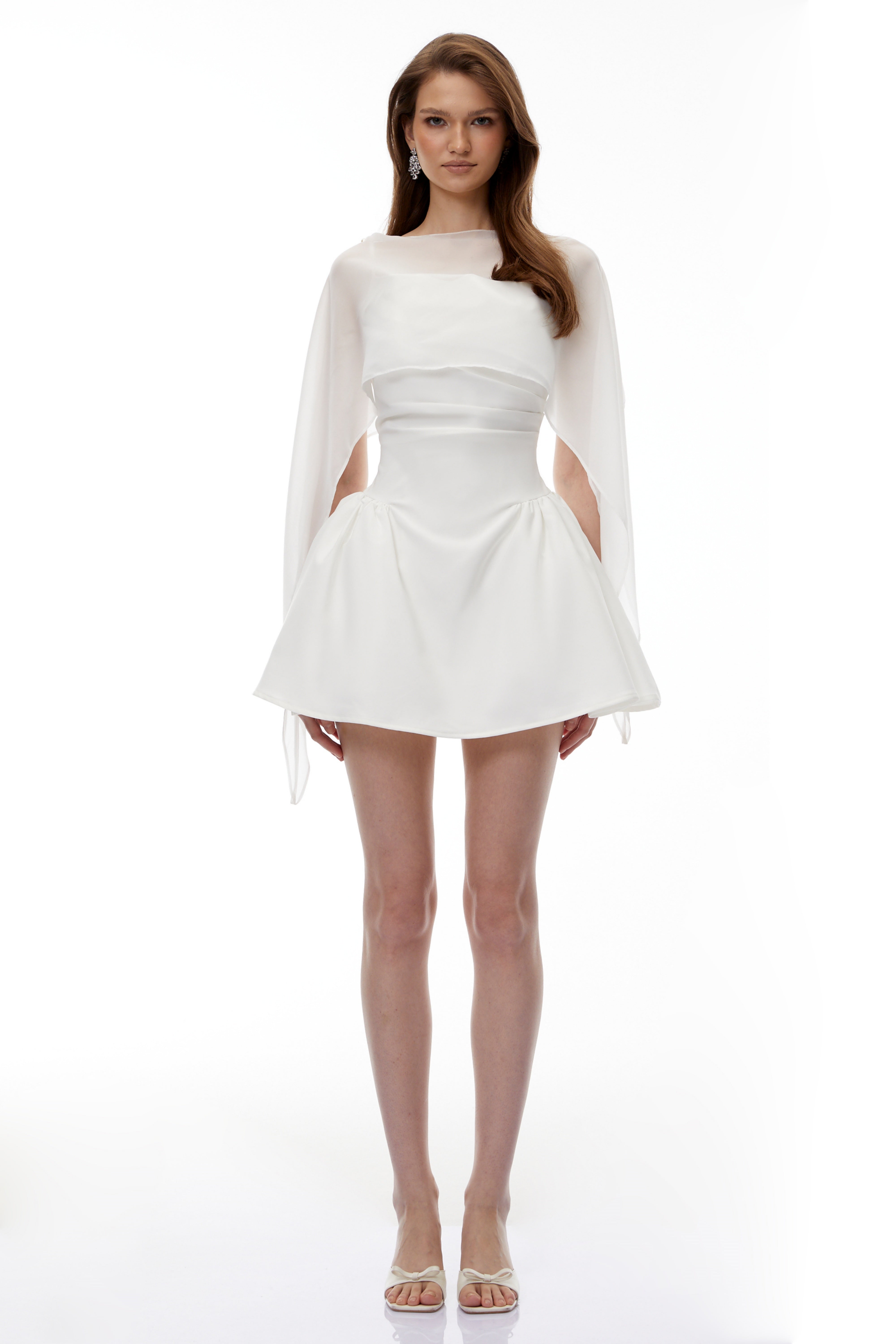 Sarah White Cinched Waist Mini Dress with Cape