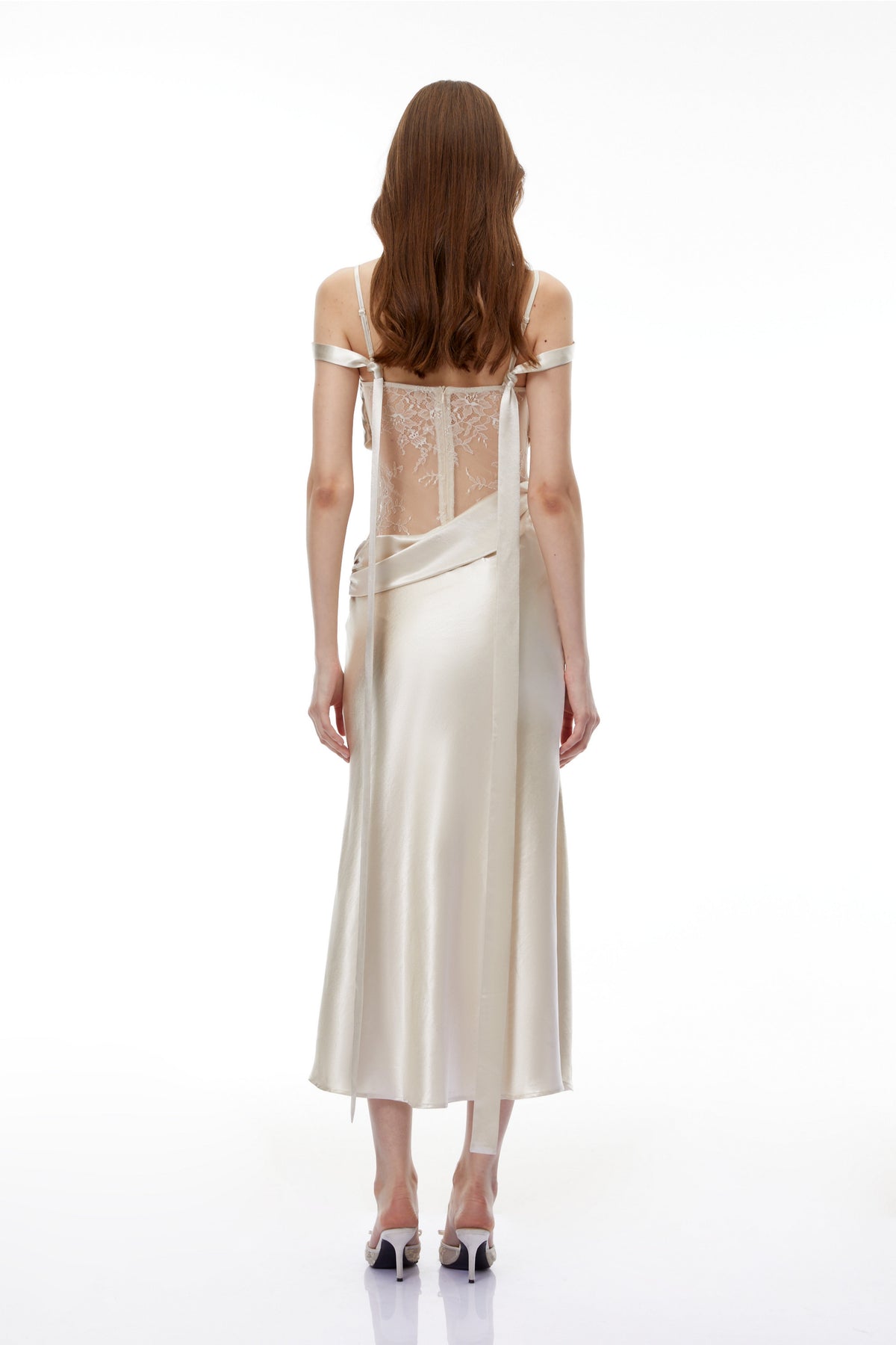 Sarah White Satin Midi Dress with Lace Cut-Outs
