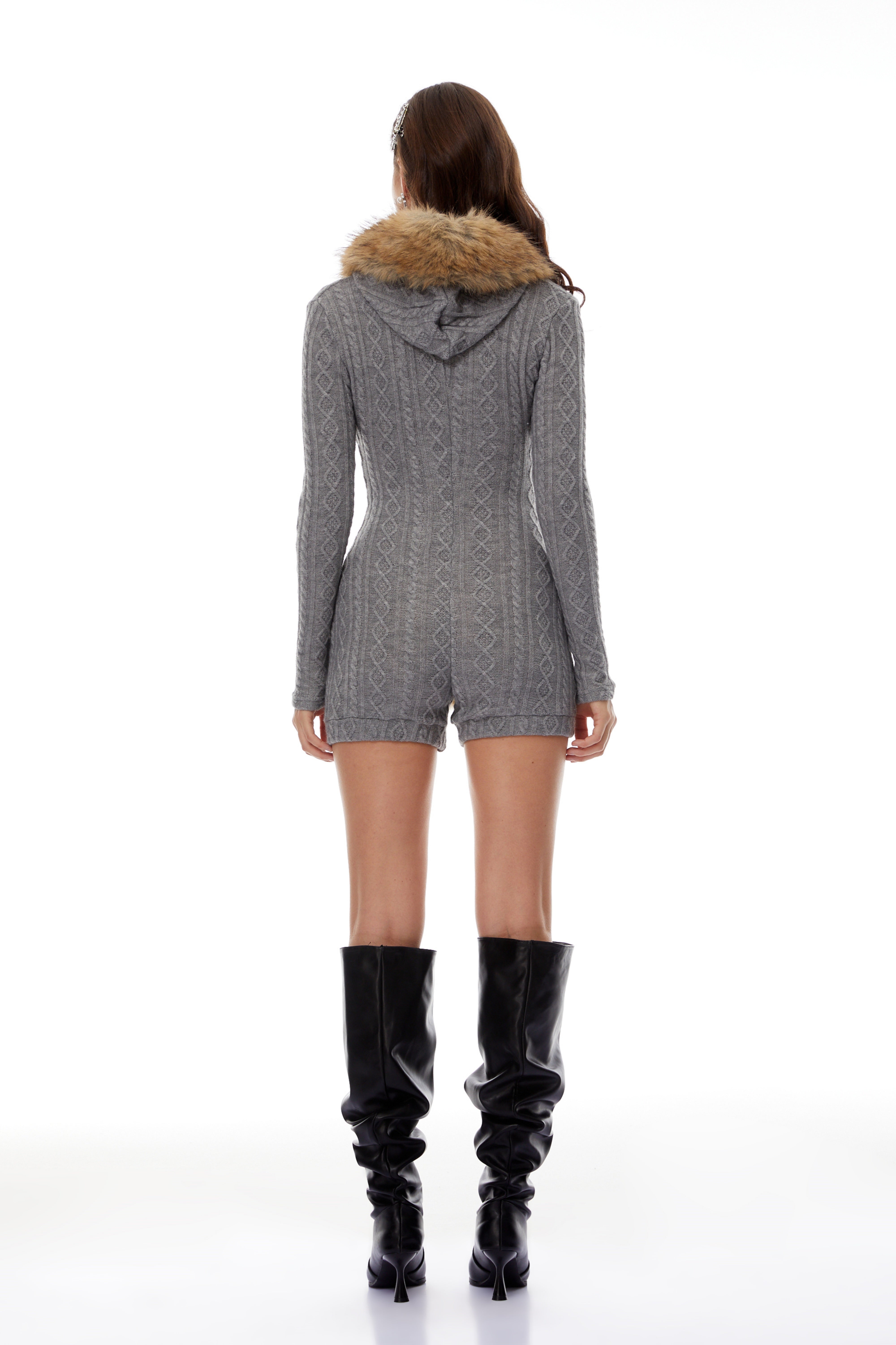 Saskia Grey Fur Trim Stretch Rib-Knit Playsuit (Final Sale)