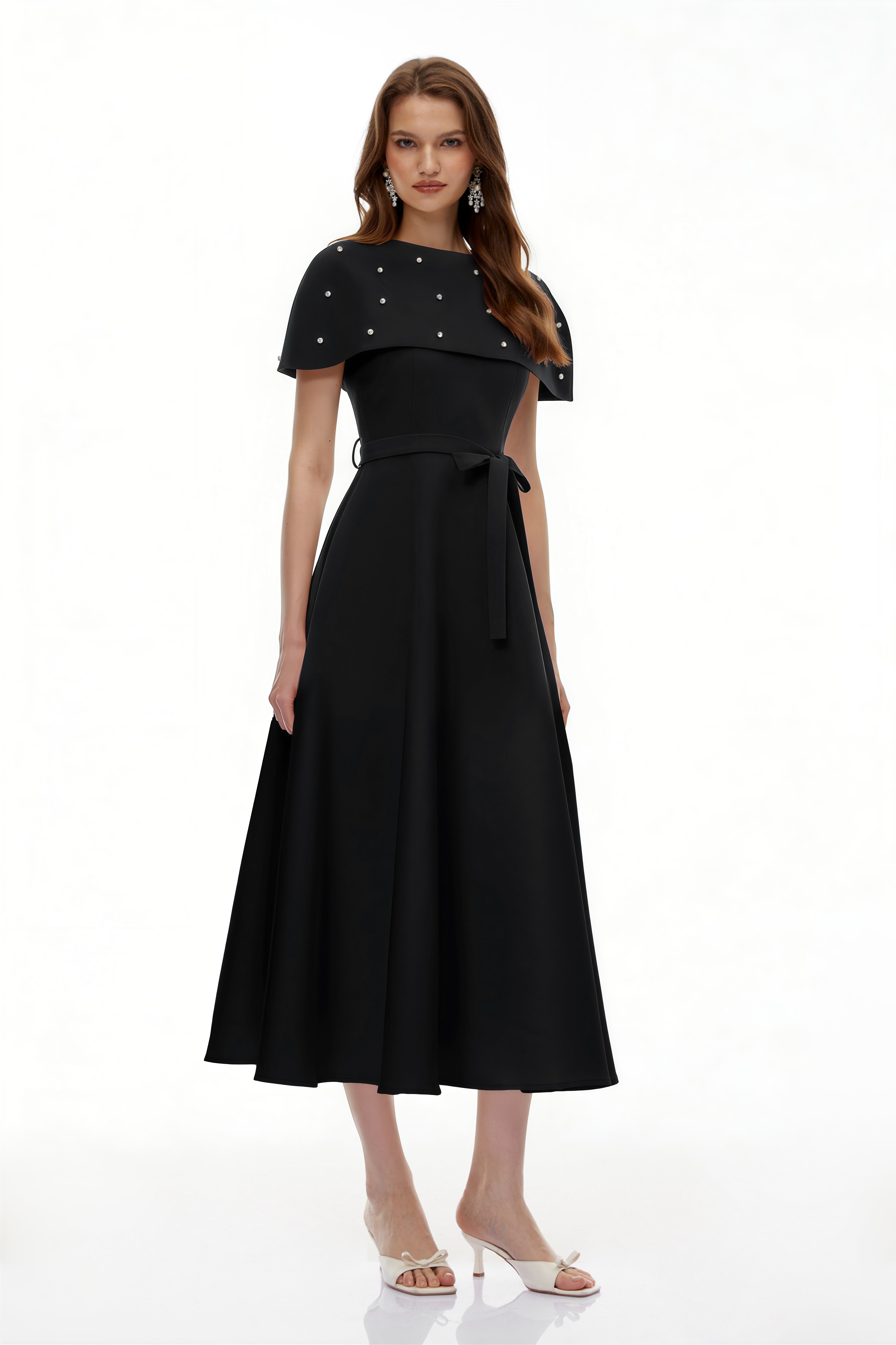 Sawda Black Embellished Midi Dress with Cape