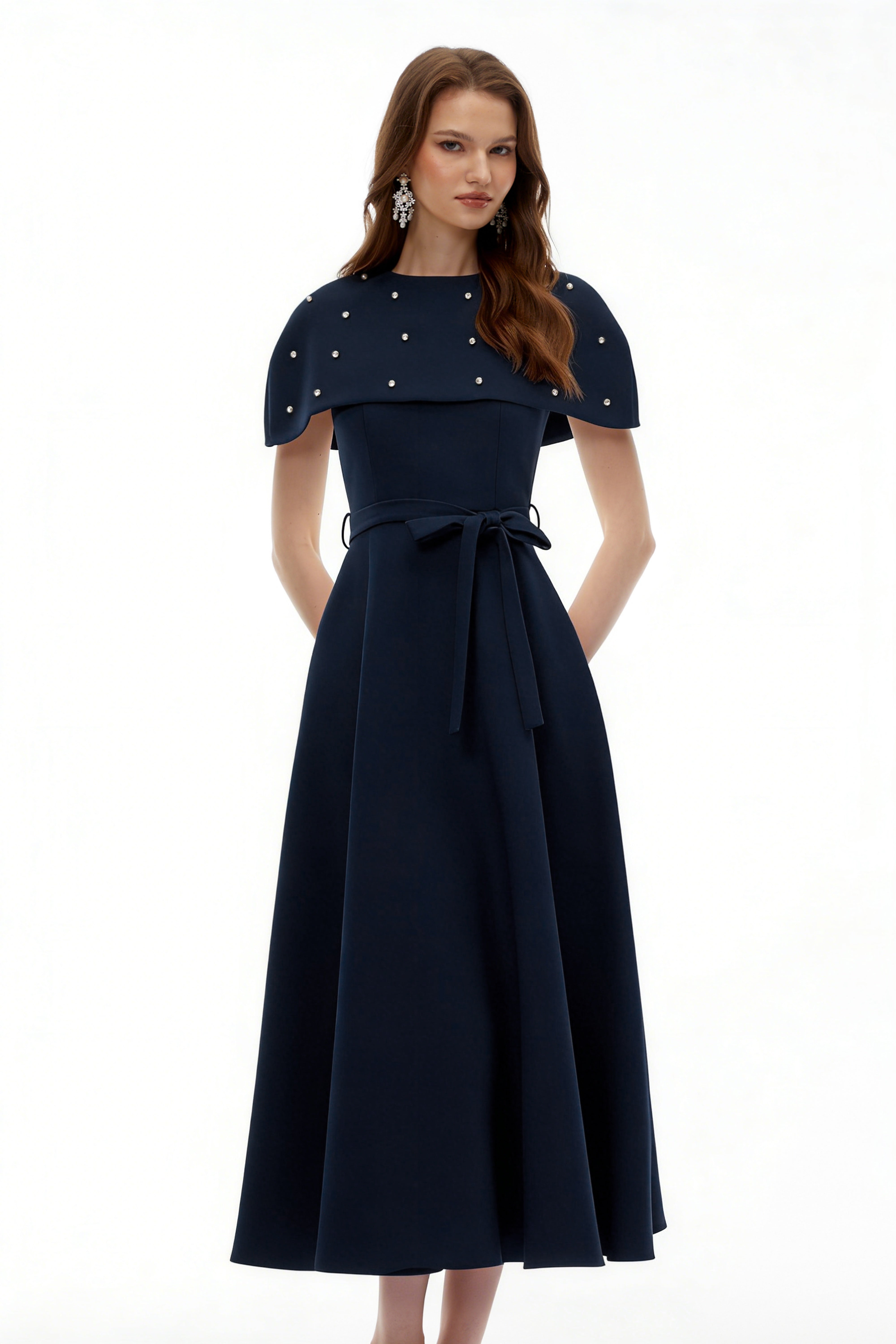 Sawda Blue Embellished Midi Dress with Cape