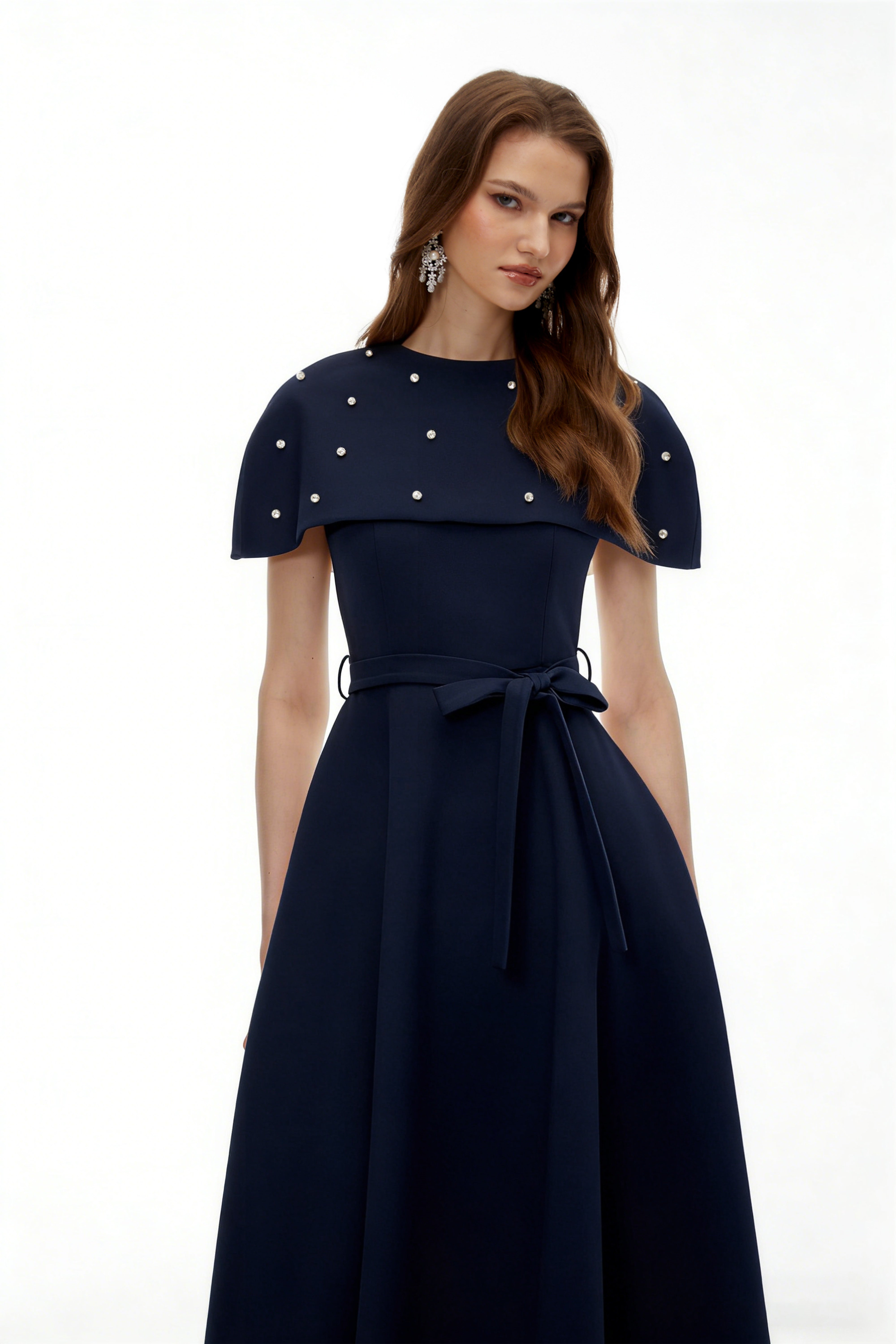 Sawda Blue Embellished Midi Dress with Cape