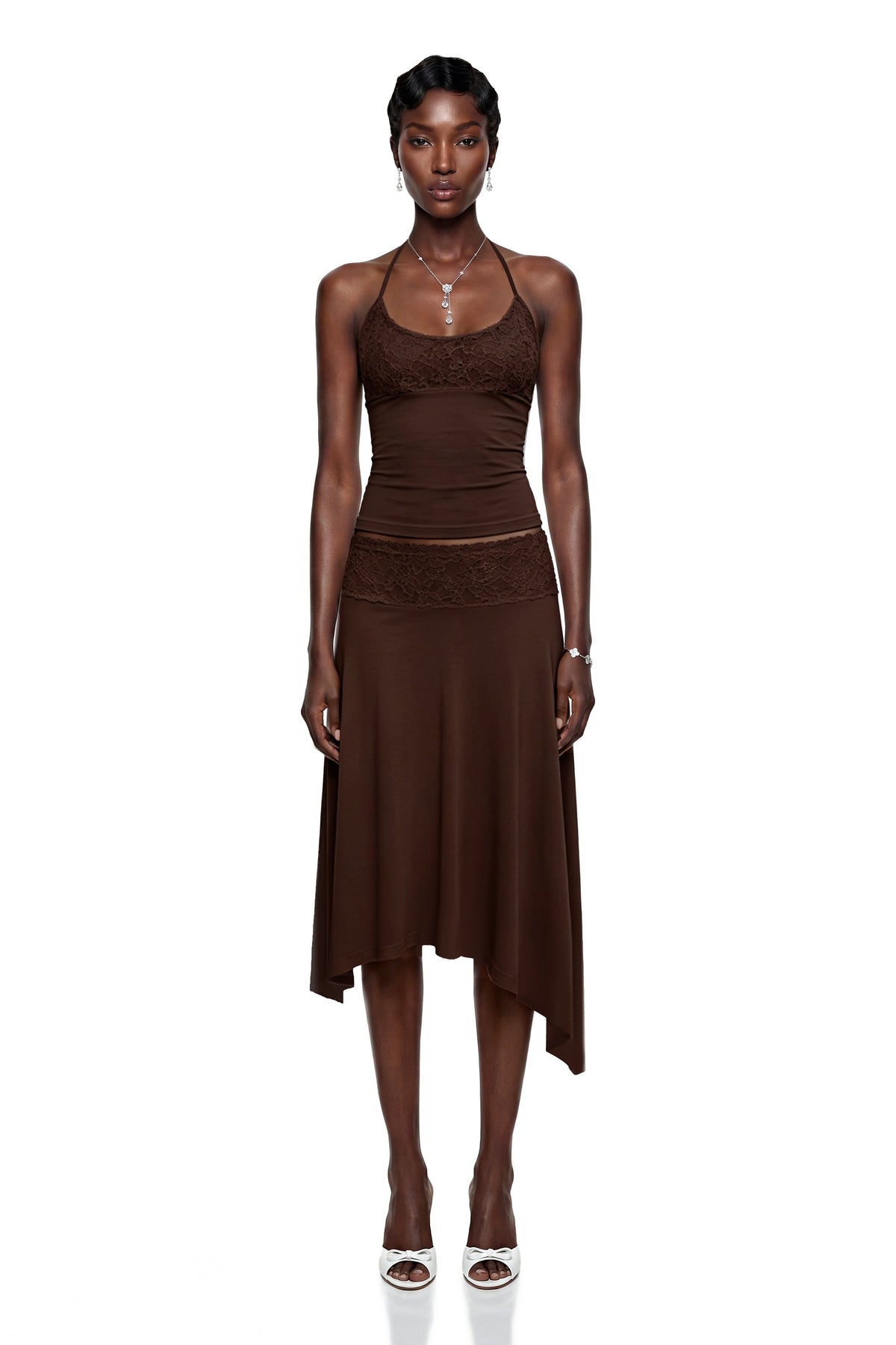 Sawda Brown Lace Panel Top & Skirt Set