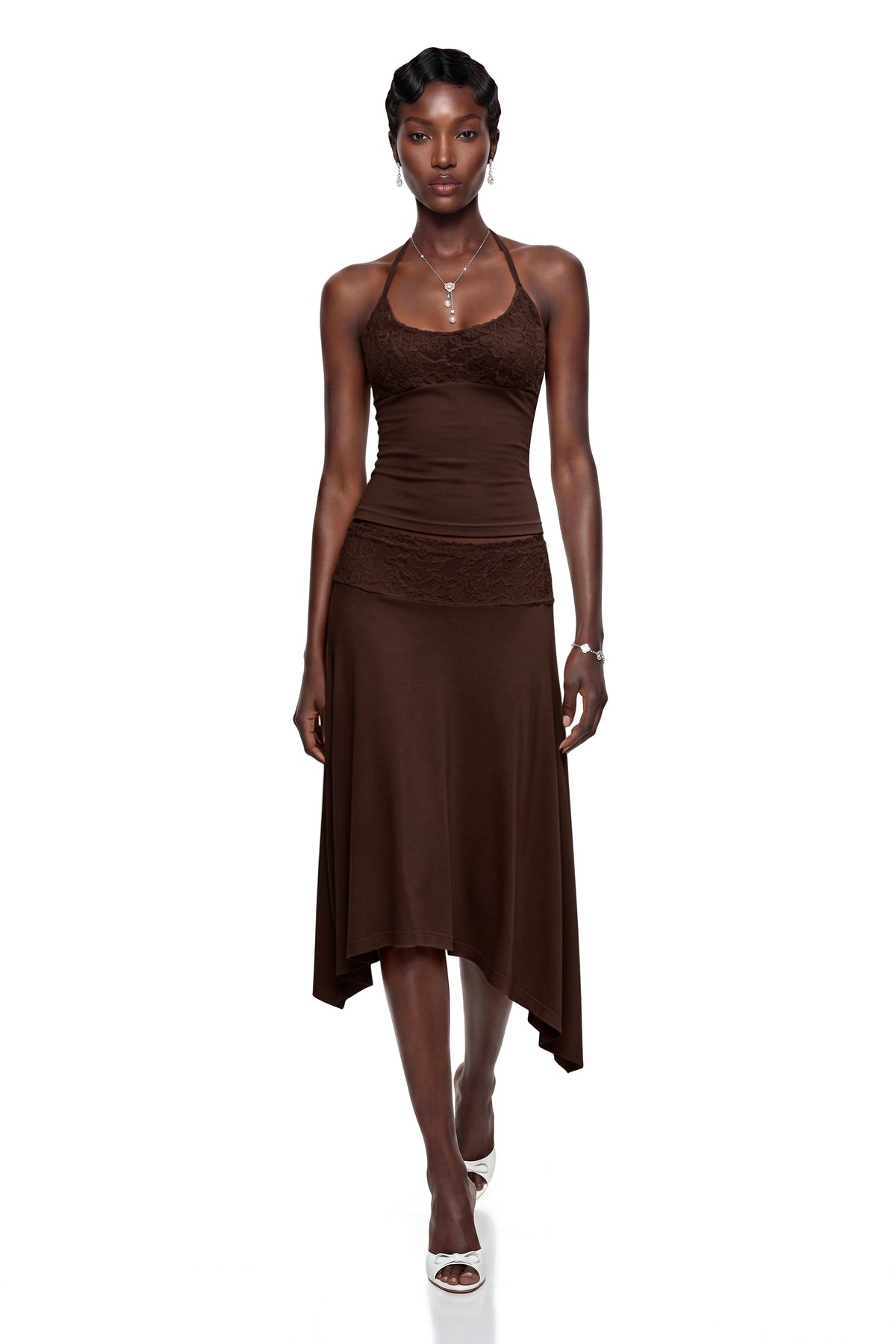 Sawda Brown Lace Panel Top & Skirt Set
