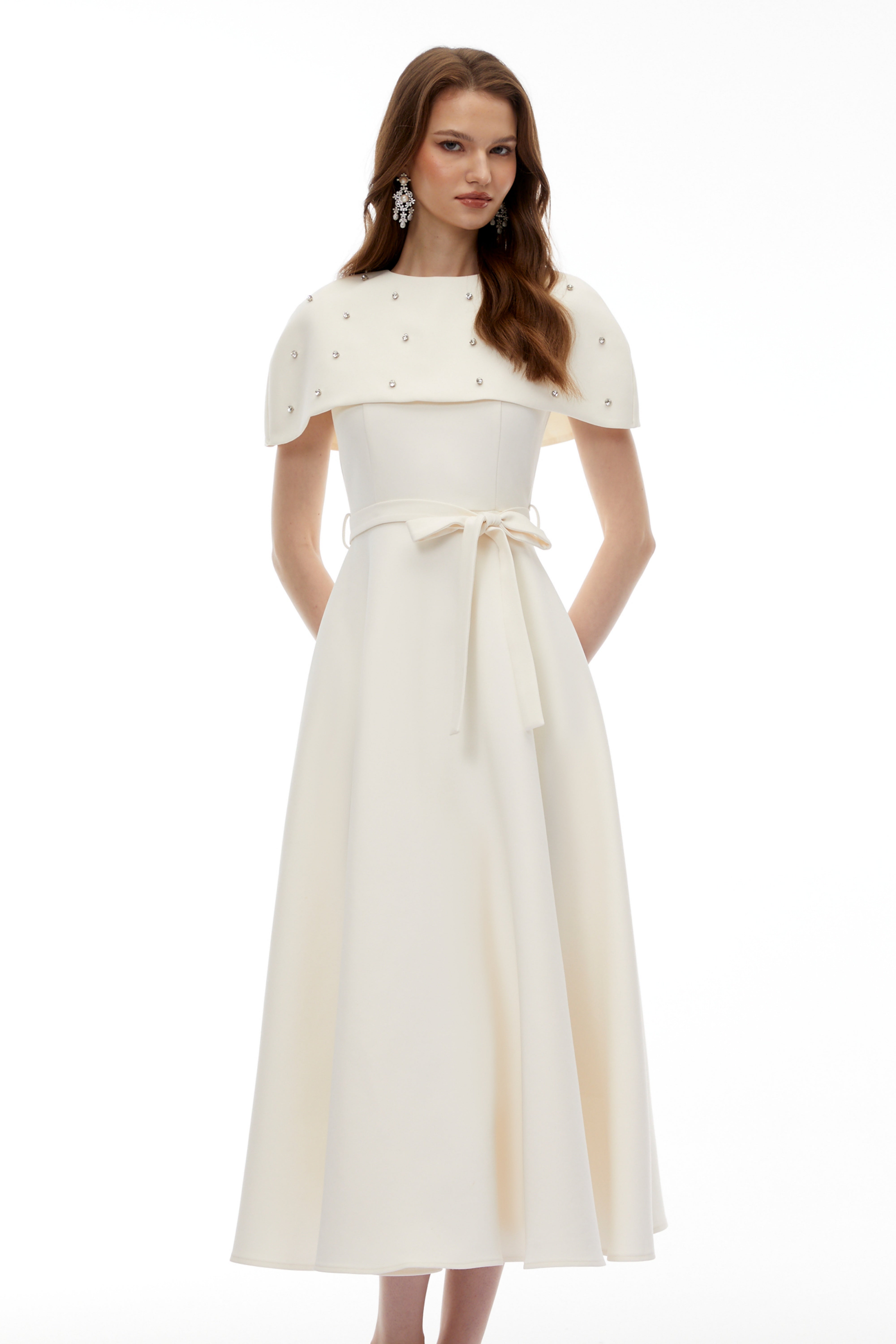 Sawda White Embellished Midi Dress with Cape