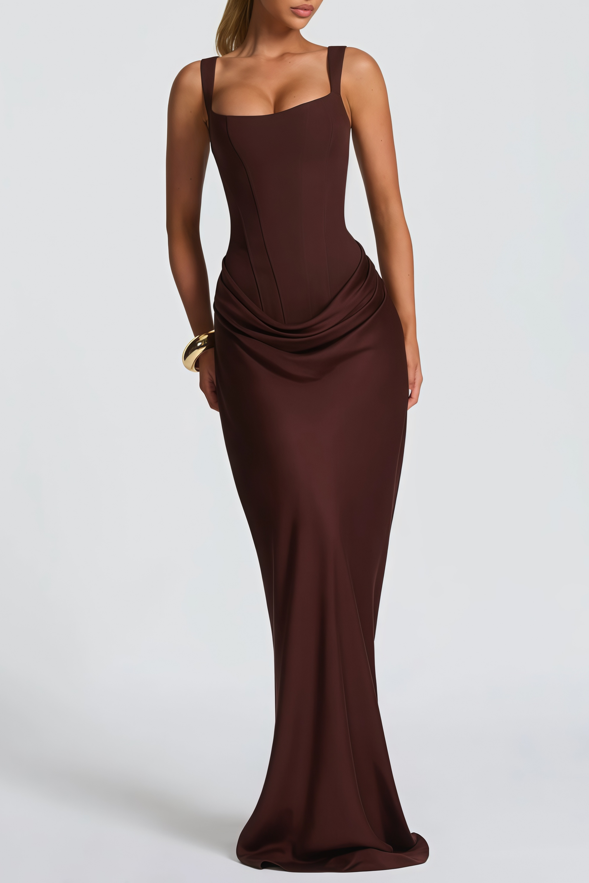 Paulette Brown Ruched Corset Maxi Dress (Final Sale-US Only)