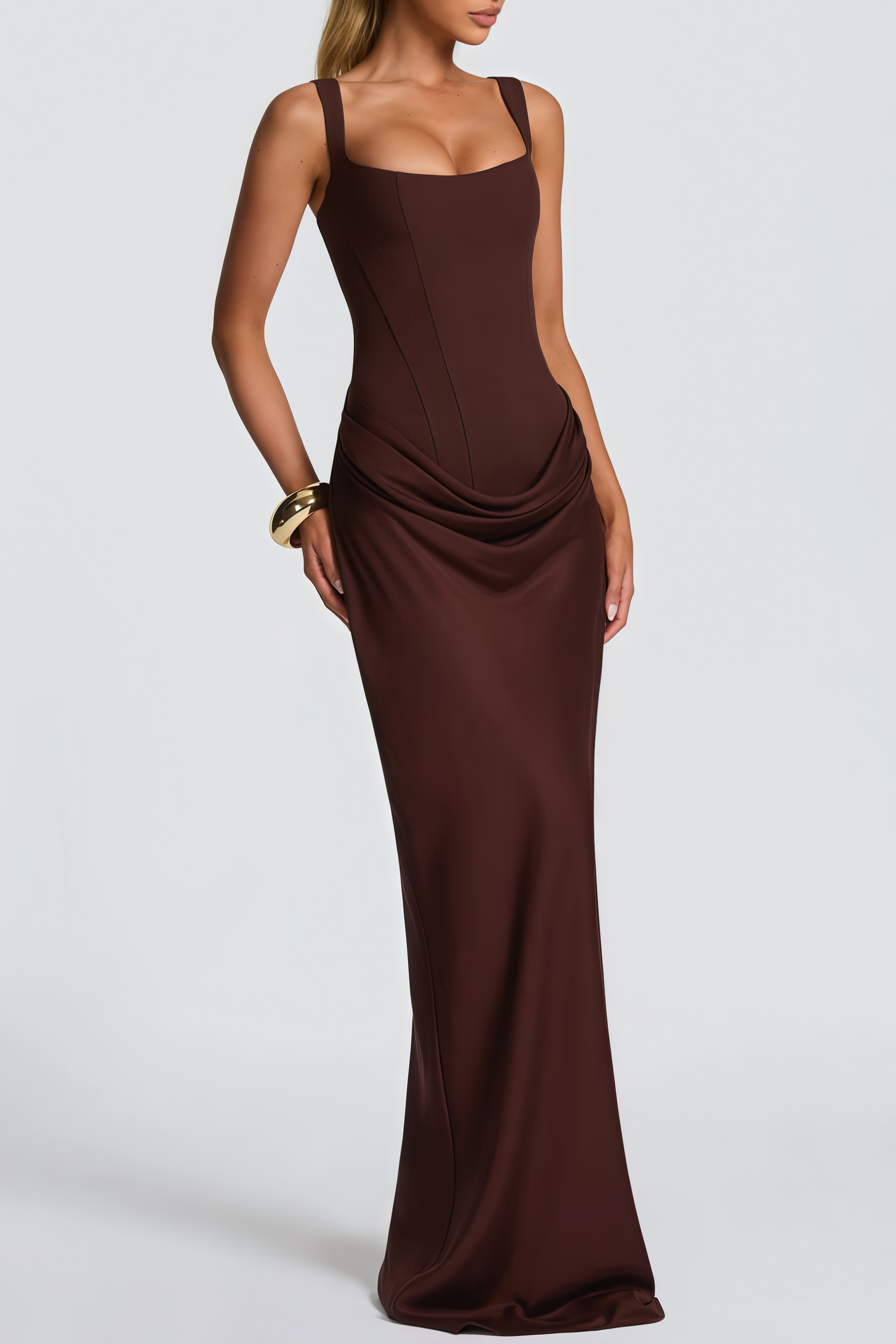 Paulette Brown Ruched Corset Maxi Dress (Final Sale-US Only)