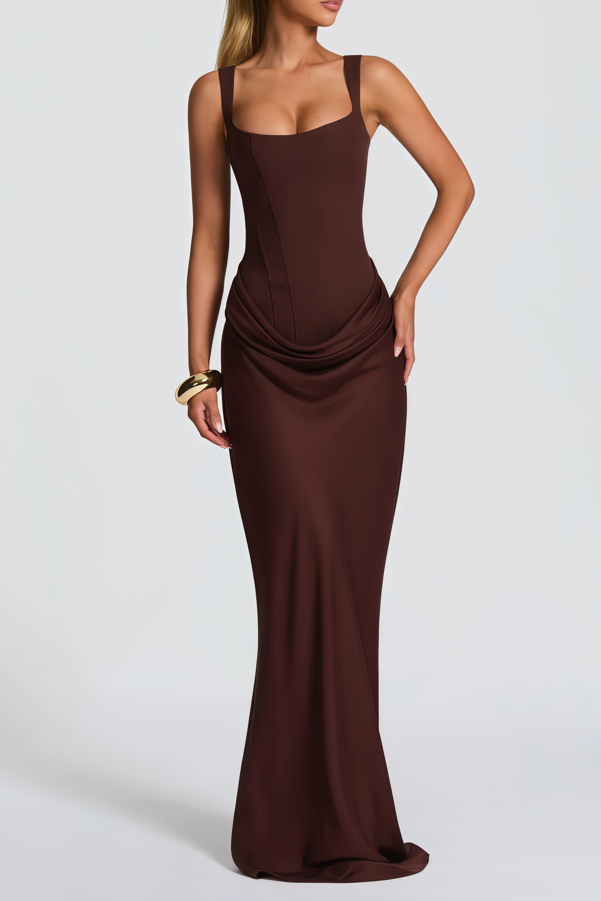 Paulette Brown Ruched Corset Maxi Dress