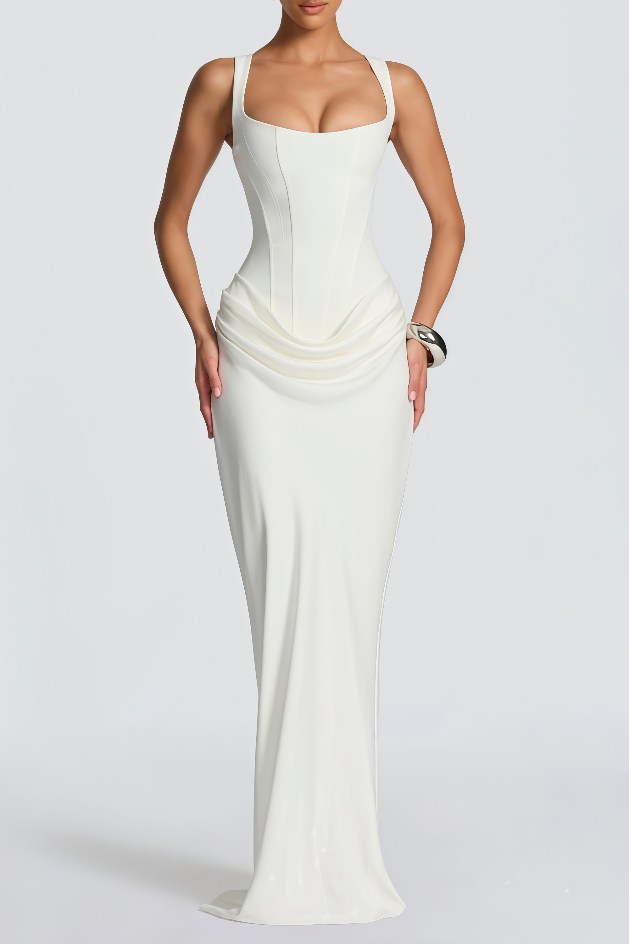 Paulette White Ruched Corset Maxi Dress