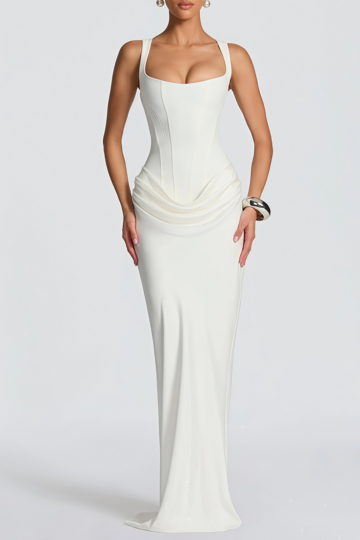 Paulette White Ruched Corset Maxi Dress