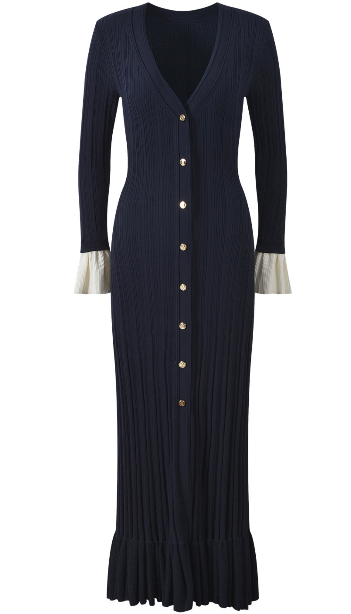 MADDY LION CREPE LONG SLEEVE MIDI DRESS TWO-TONE JERSEY - BLACK