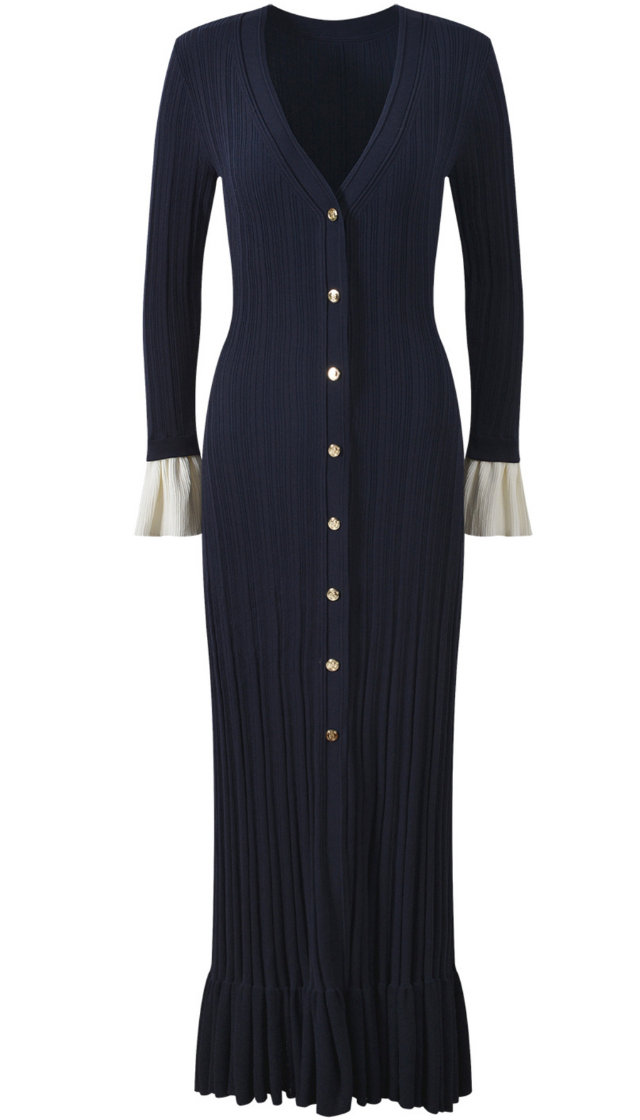 MADDY LION CREPE LONG SLEEVE MIDI DRESS TWO-TONE JERSEY - BLACK