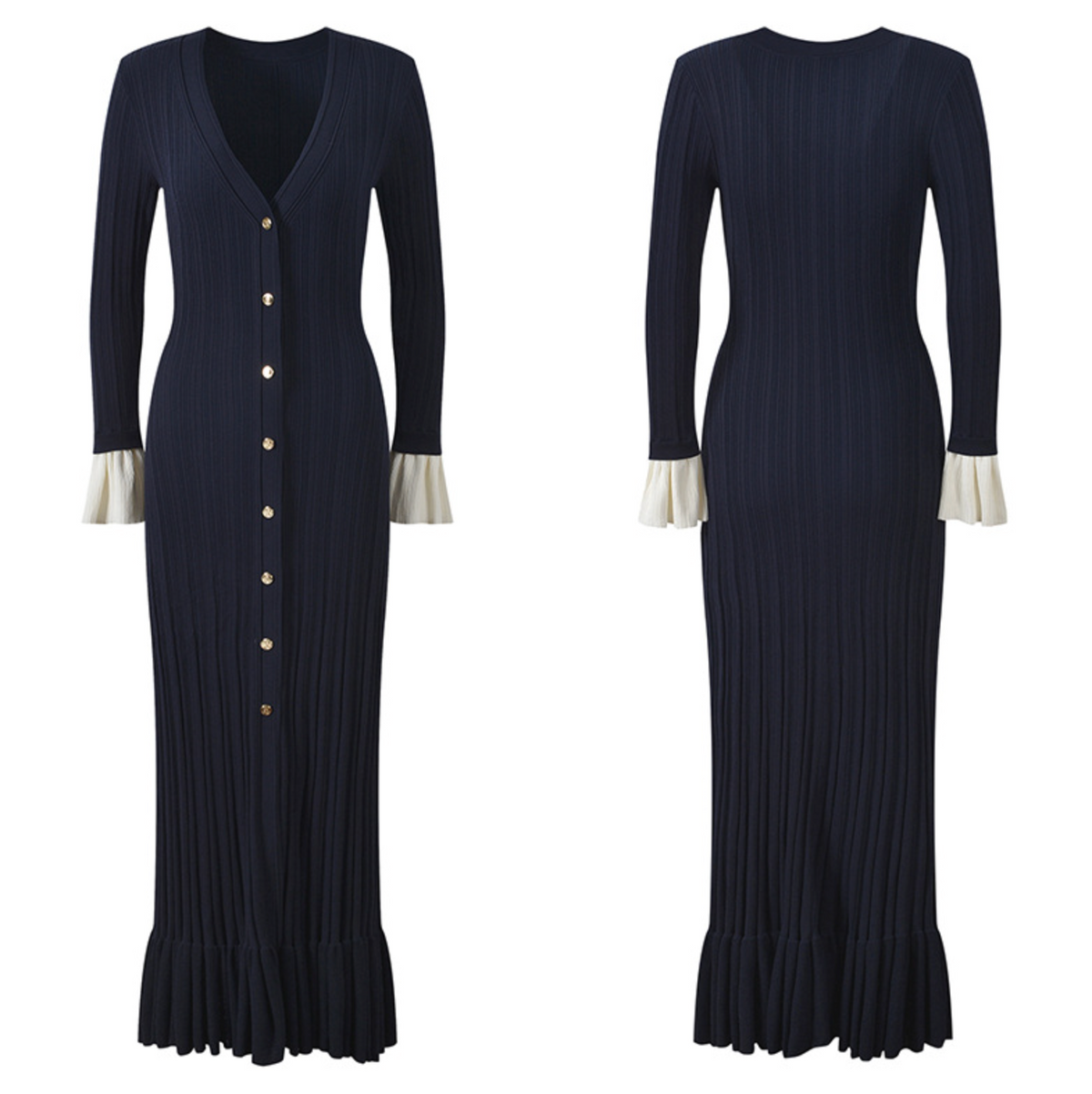 MADDY LION CREPE LONG SLEEVE MIDI DRESS TWO-TONE JERSEY - BLACK