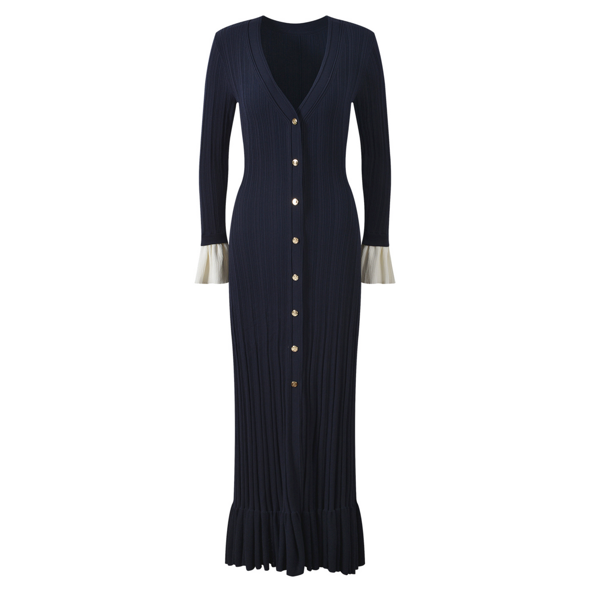 MADDY LION CREPE LONG SLEEVE MIDI DRESS TWO-TONE JERSEY - BLACK