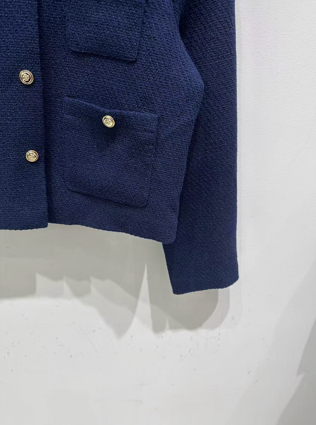 MADDY ELLIOT NAVY CROPPED TWEED JACKET WITH REMOVABLE CONTRAST COLLAR AND GOLD BUTTONS - NAVY