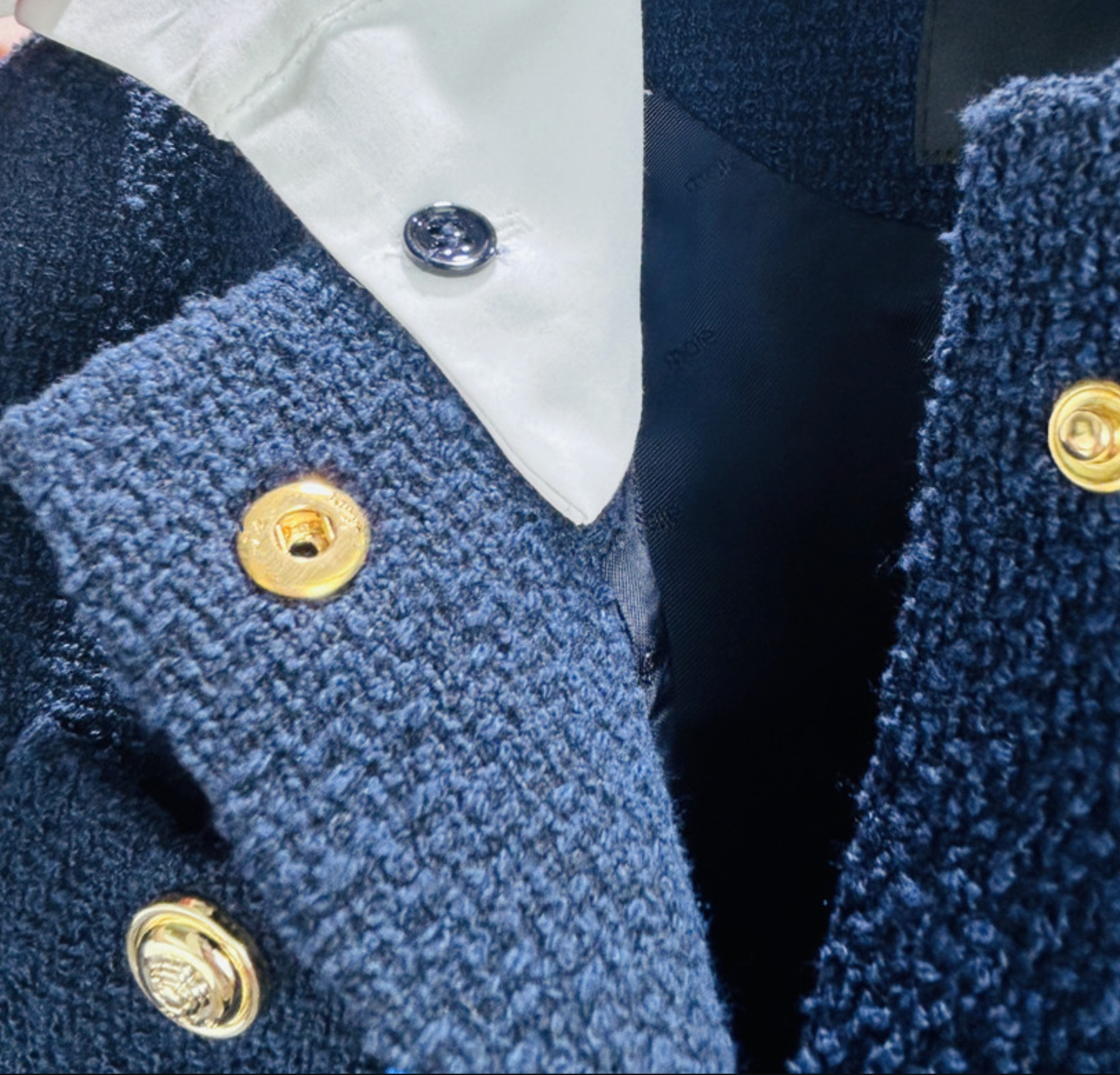 MADDY ELLIOT NAVY CROPPED TWEED JACKET WITH REMOVABLE CONTRAST COLLAR AND GOLD BUTTONS - NAVY