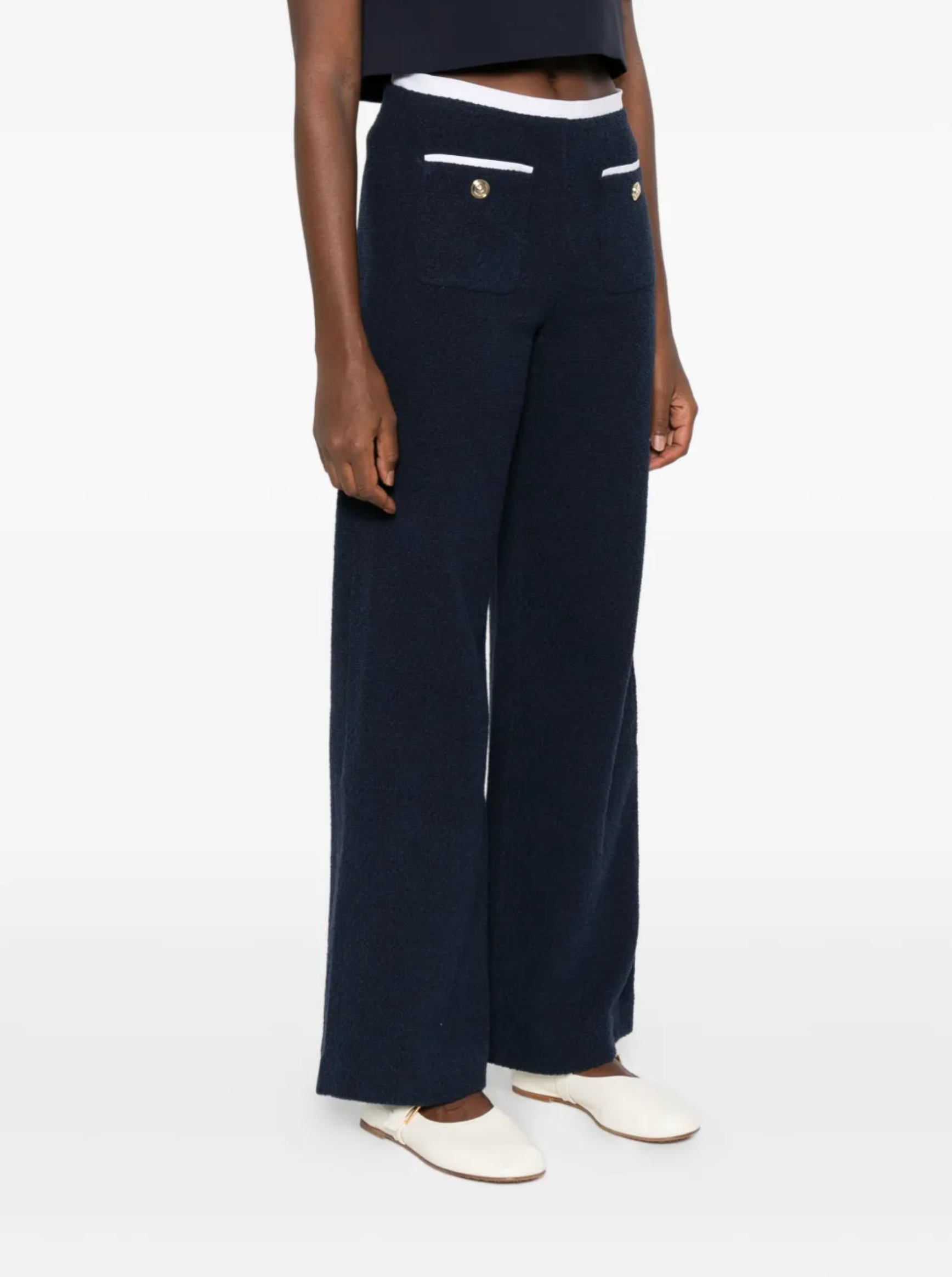 MADDY NAVY TWEED STRAIGHT-LEG TROUSERS WITH GOLD BUTTONS- NAVY