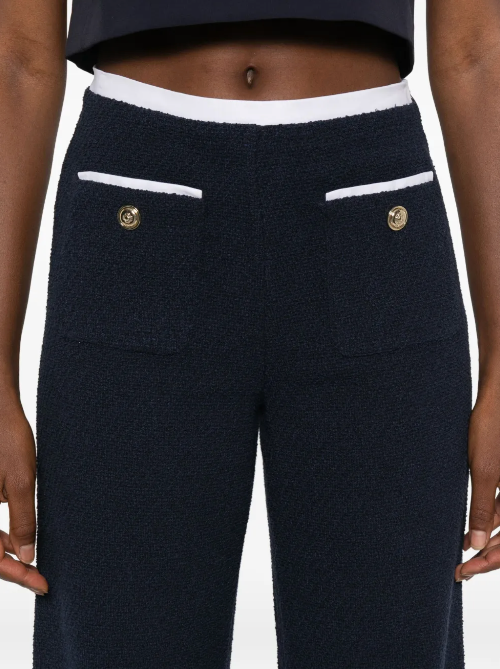 MADDY NAVY TWEED STRAIGHT-LEG TROUSERS WITH GOLD BUTTONS- NAVY