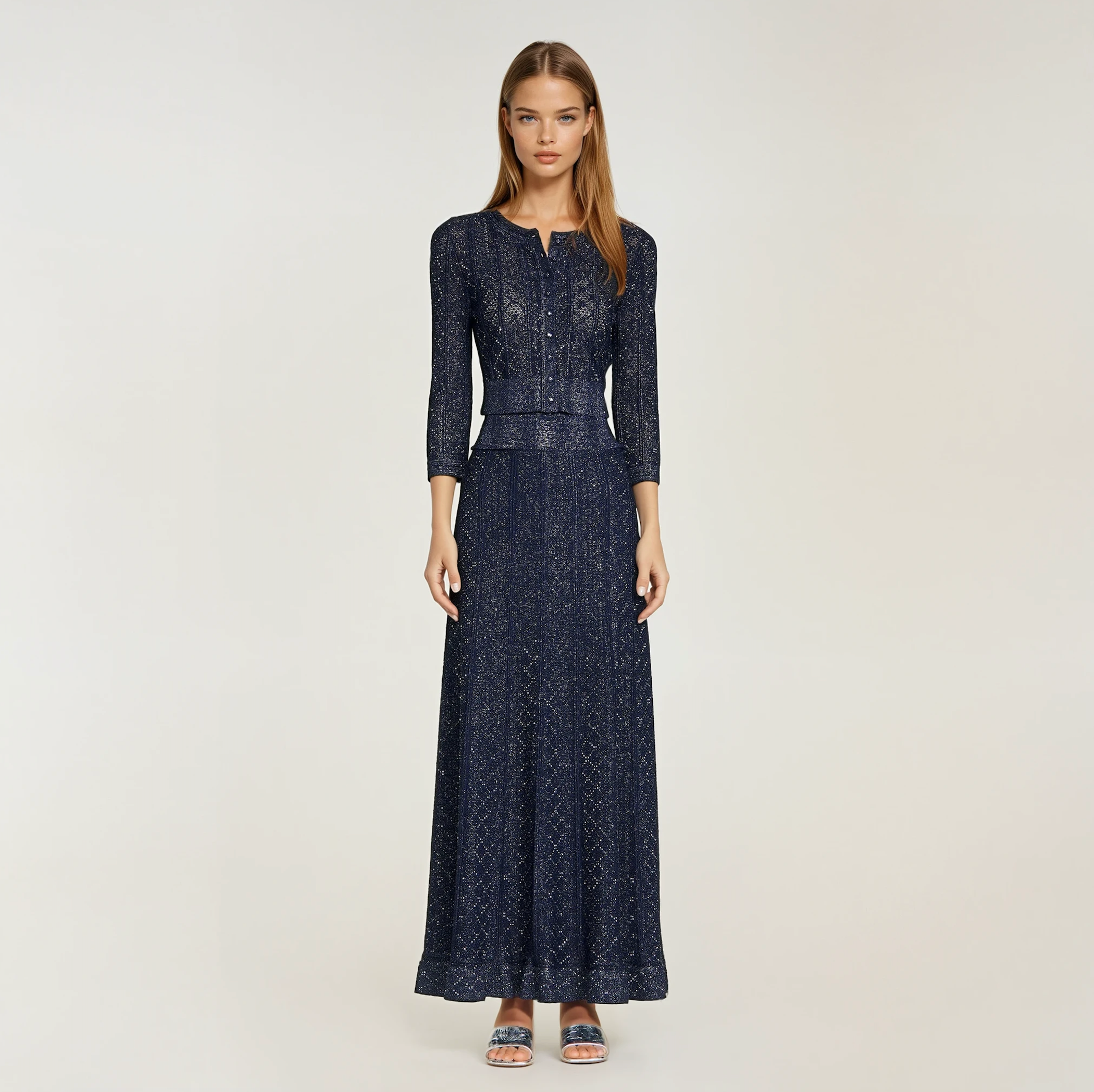 Sandro Strass Knit Cropped Cardigan & Rhinestone Knit Maxi Skirt Set - Dark Blue