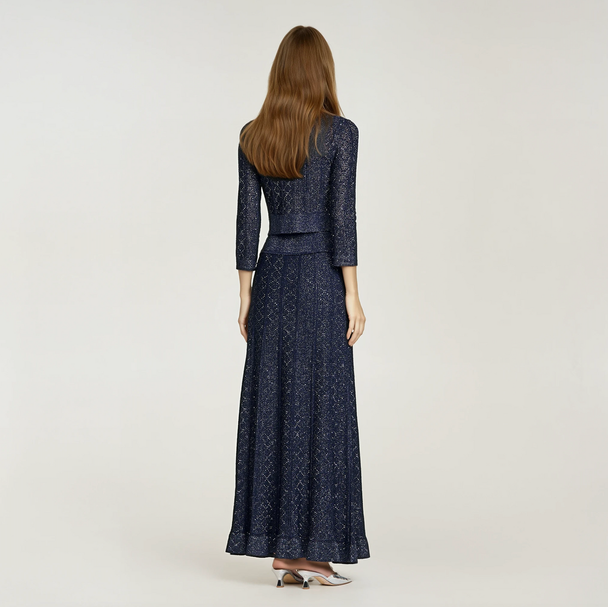 Sandro Strass Knit Cropped Cardigan & Rhinestone Knit Maxi Skirt Set - Dark Blue
