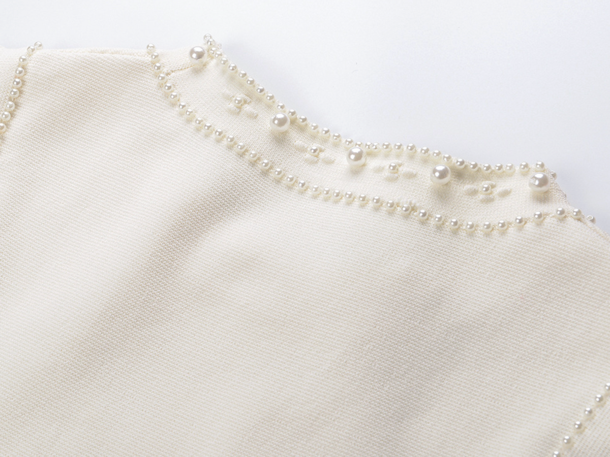 SANDRO Donatienne white faux-pearl knitted maxi dress - Beige