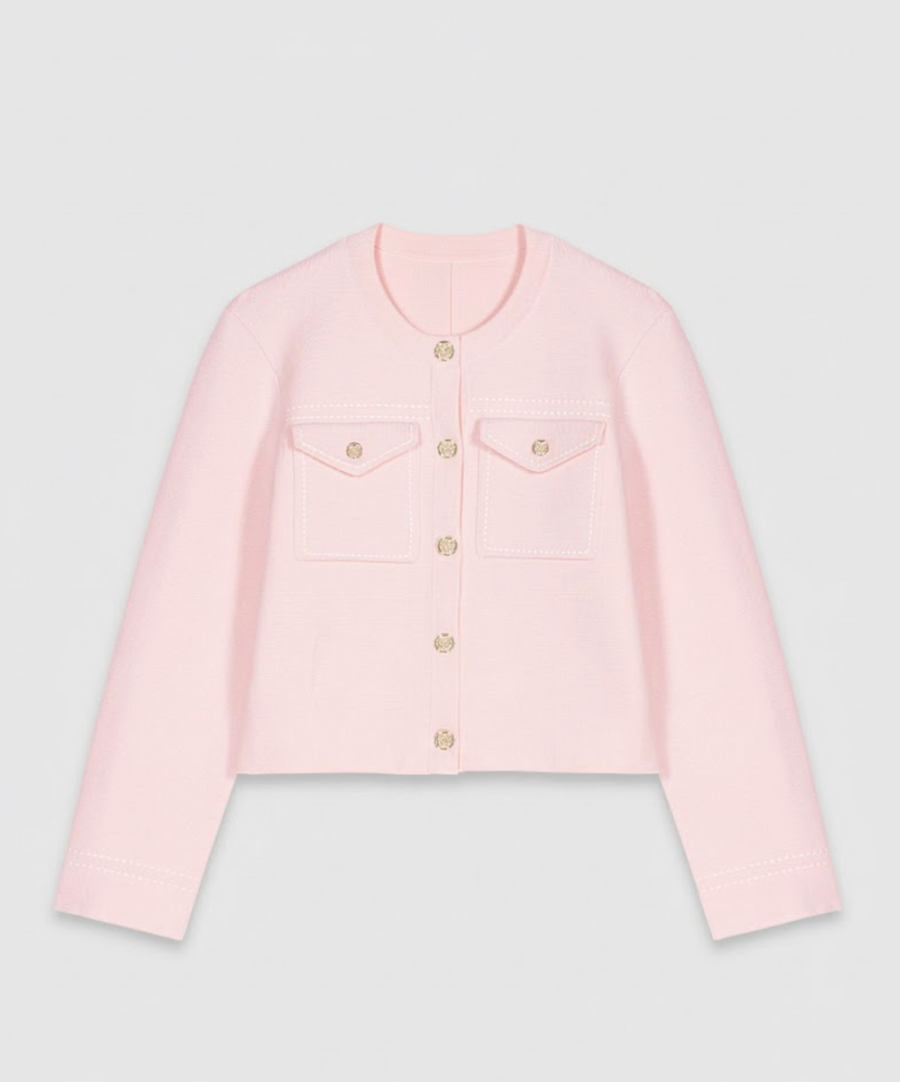 MADDY PINK TOPSTITCHED CROPPED CARDIGAN WITH PATCH POCKETS AND GOLD BUTTONS - PINK