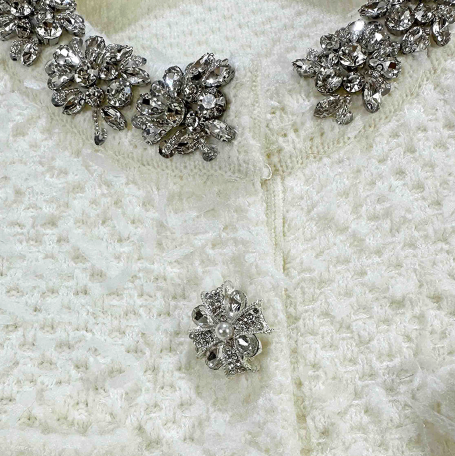 CHLOE CREAM BOUCLÉ KNIT CROPPED CARDIGAN WITH CRYSTAL BUTTONS - WHITE