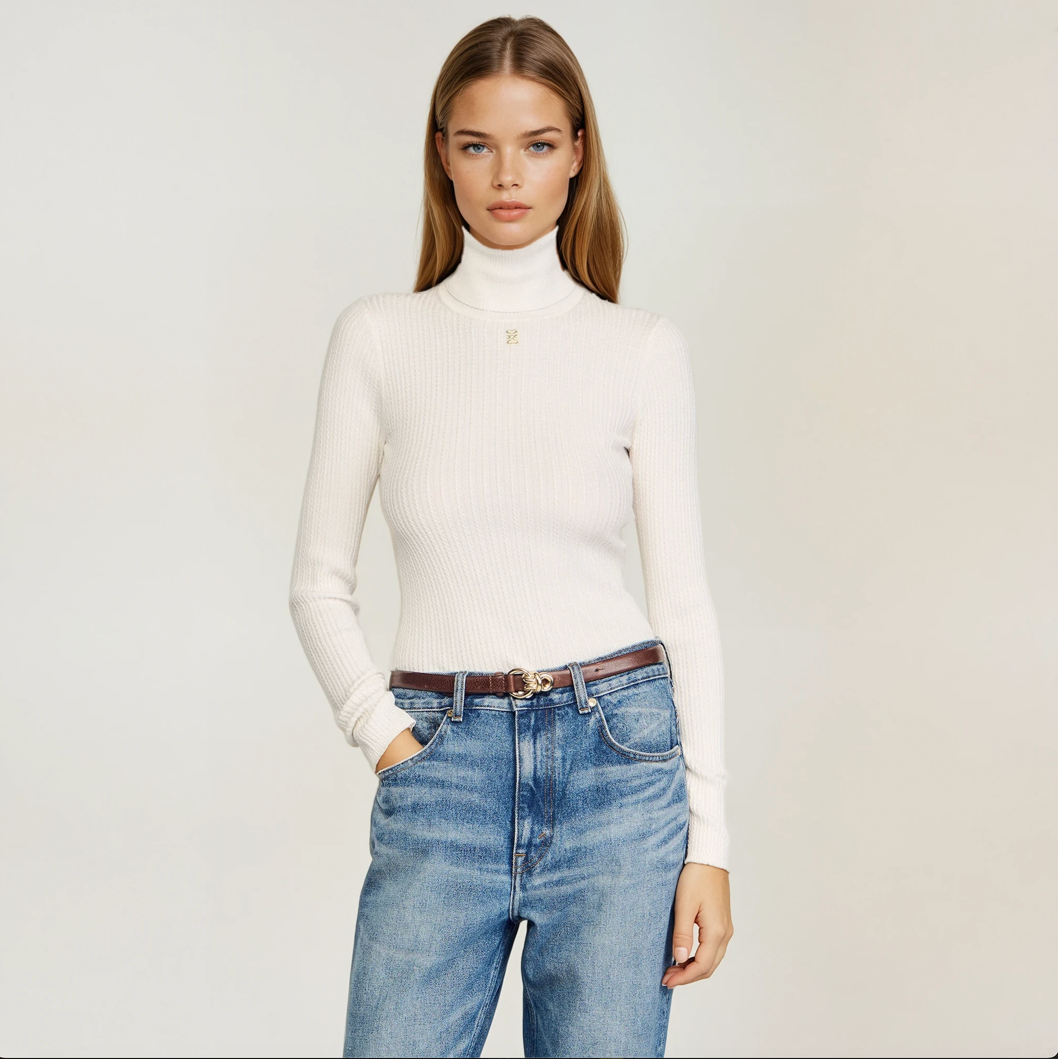 SANDRO Ribbed-Knit Turtleneck Jumper with Silver Embossed Detail – White