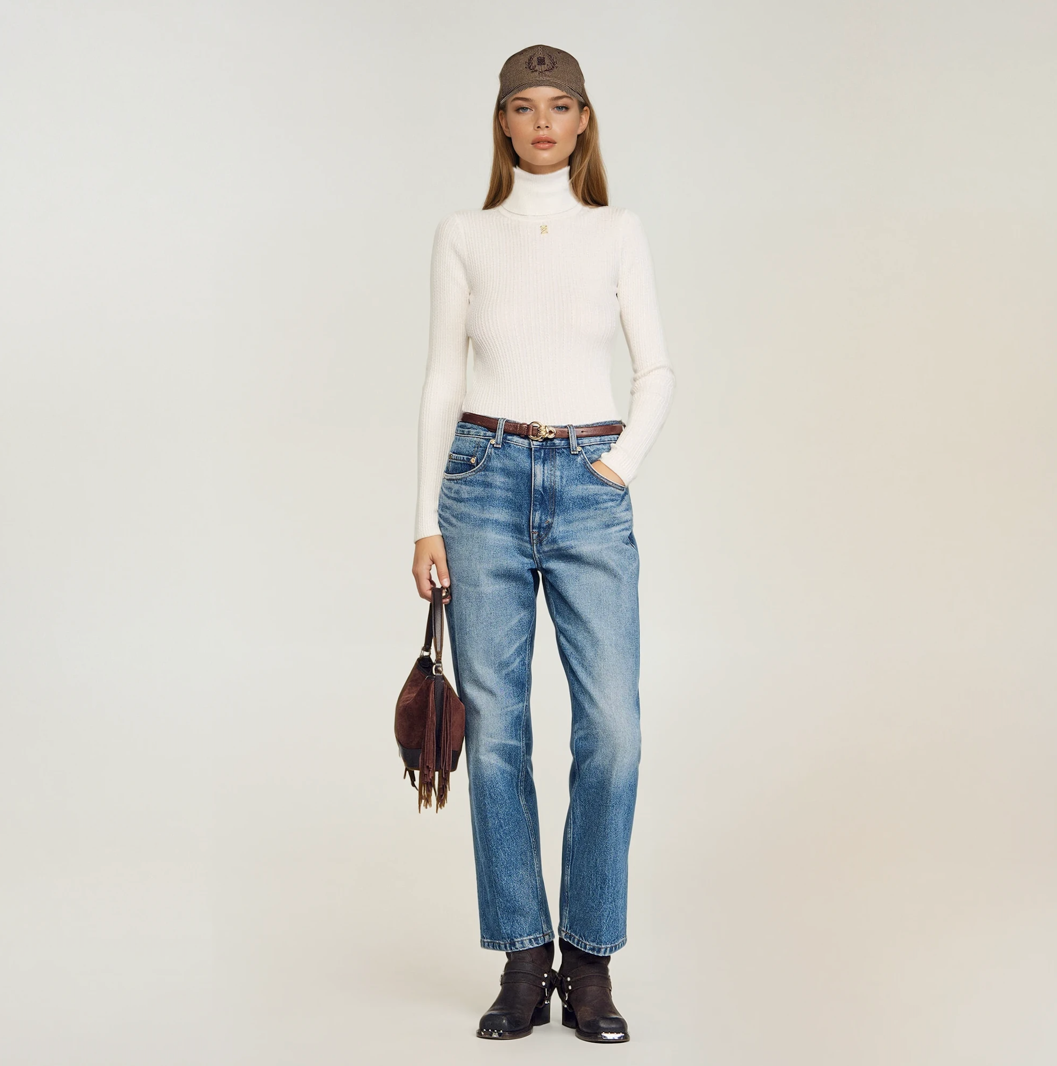 SANDRO Ribbed-Knit Turtleneck Jumper with Silver Embossed Detail – White