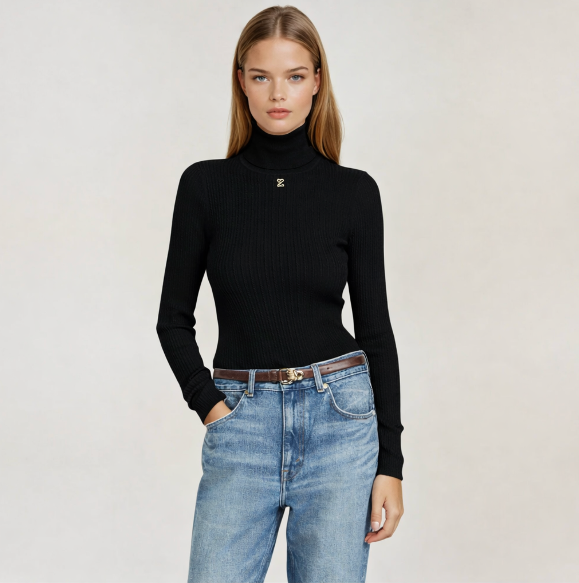 SANDRO Ribbed-Knit Turtleneck Jumper with Silver Embossed Detail – Black