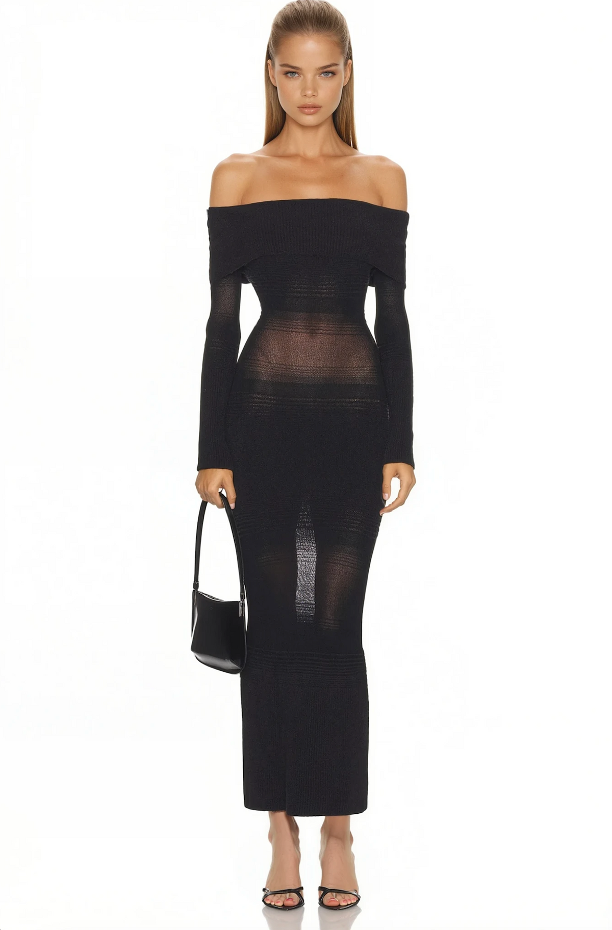 GALATEA OFF-SHOULDER MESH MIDI/MAXI DRESS – JET BLACK
