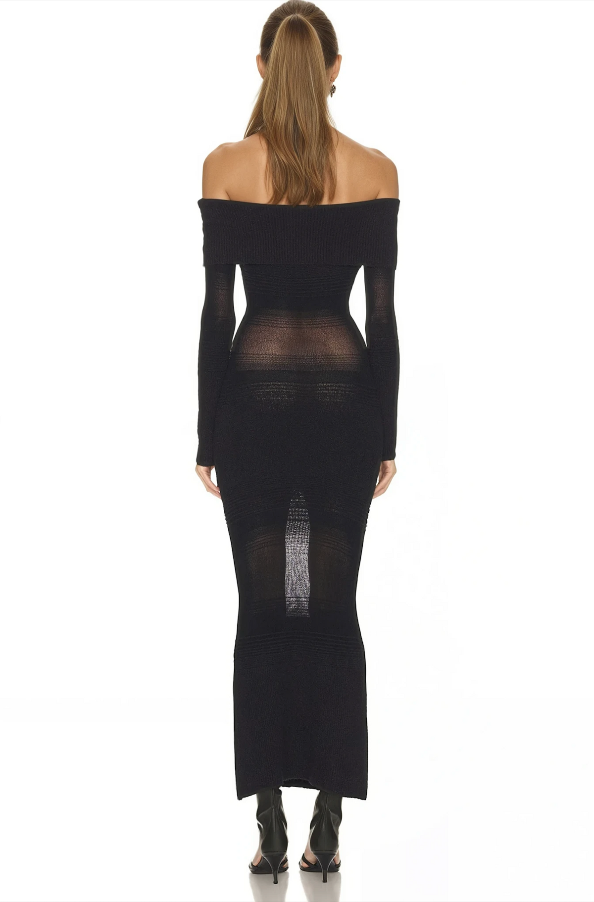 GALATEA OFF-SHOULDER MESH MIDI/MAXI DRESS – JET BLACK