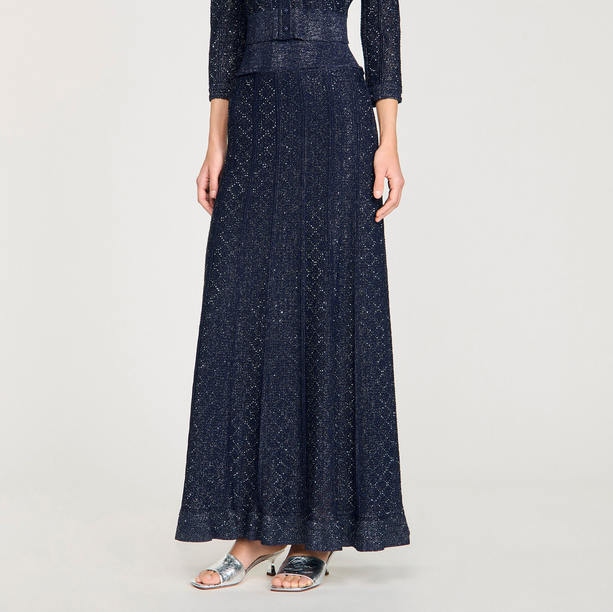 Sandro Strass Knit Cropped Cardigan & Rhinestone Knit Maxi Skirt Set - Dark Blue