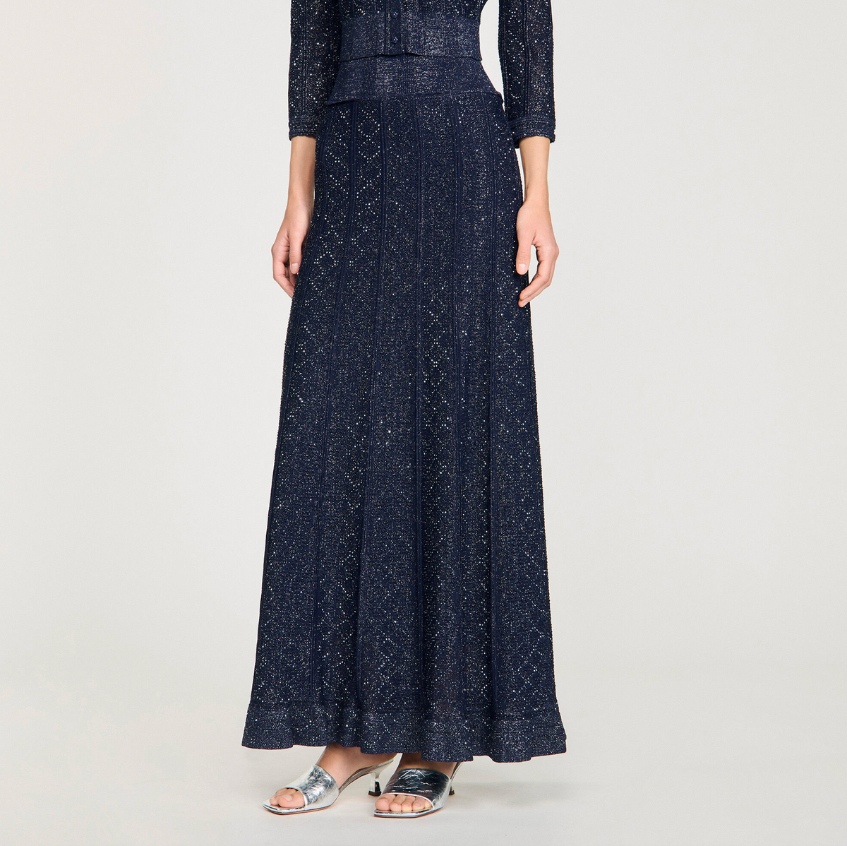 Sandro Strass Knit Cropped Cardigan & Rhinestone Knit Maxi Skirt Set - Dark Blue