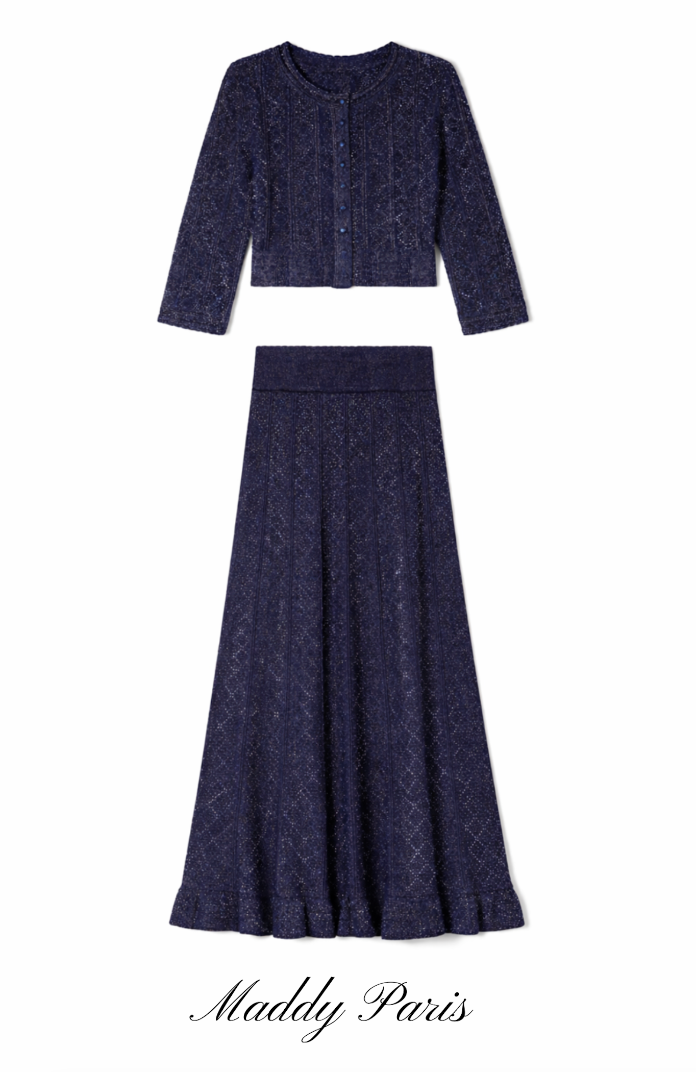Sandro Strass Knit Cropped Cardigan & Rhinestone Knit Maxi Skirt Set - Dark Blue
