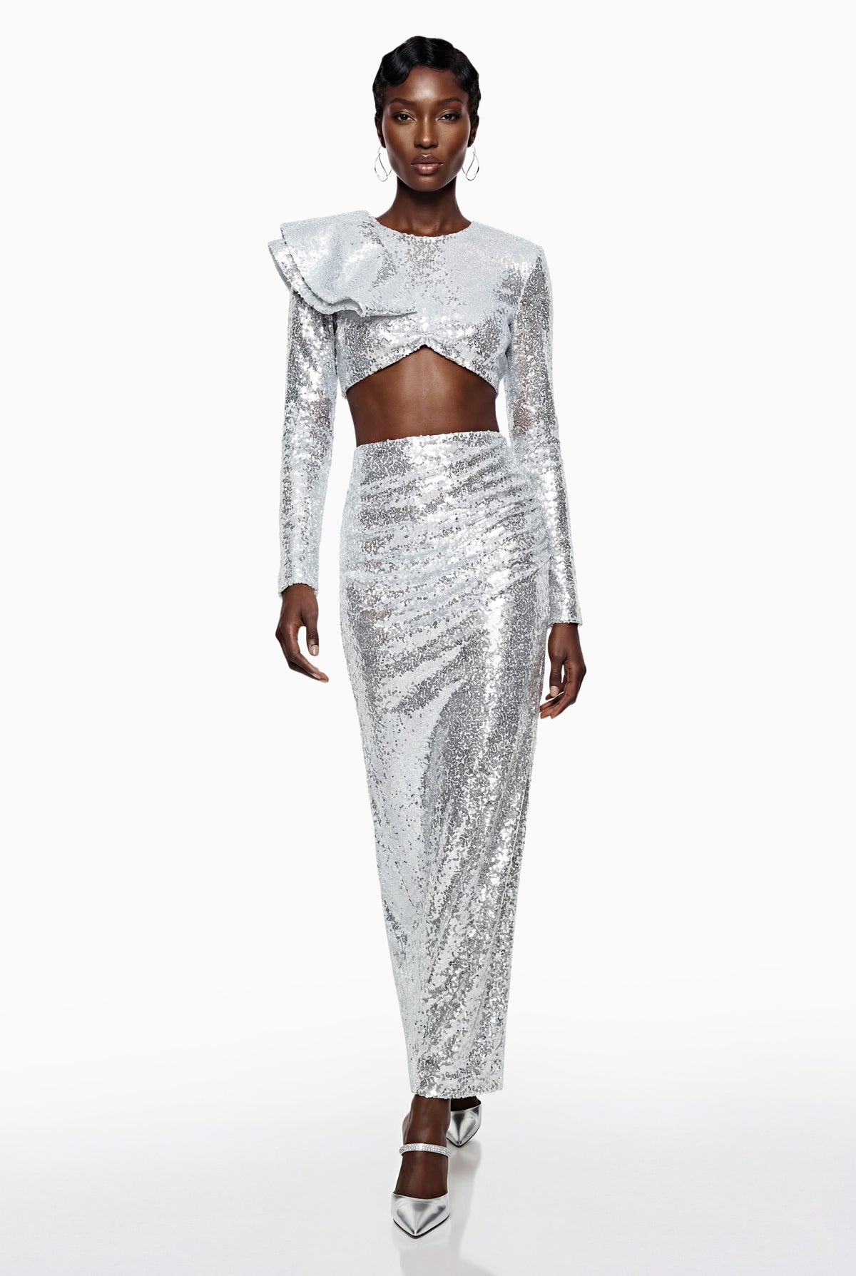 Selah Silver Asymmetrical Top & Skirt Set with Slit
