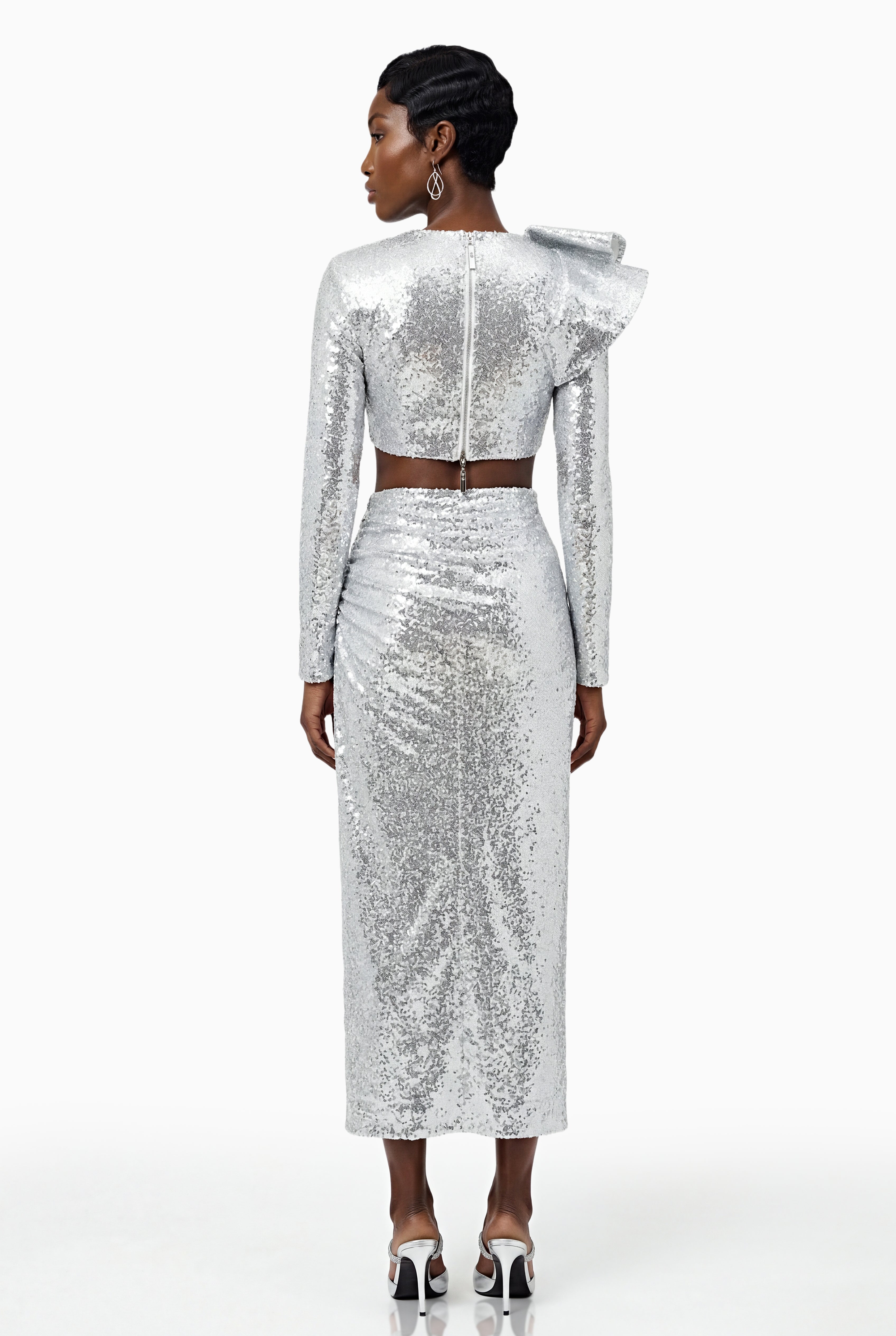 Selah Silver Asymmetrical Top & Skirt Set with Slit