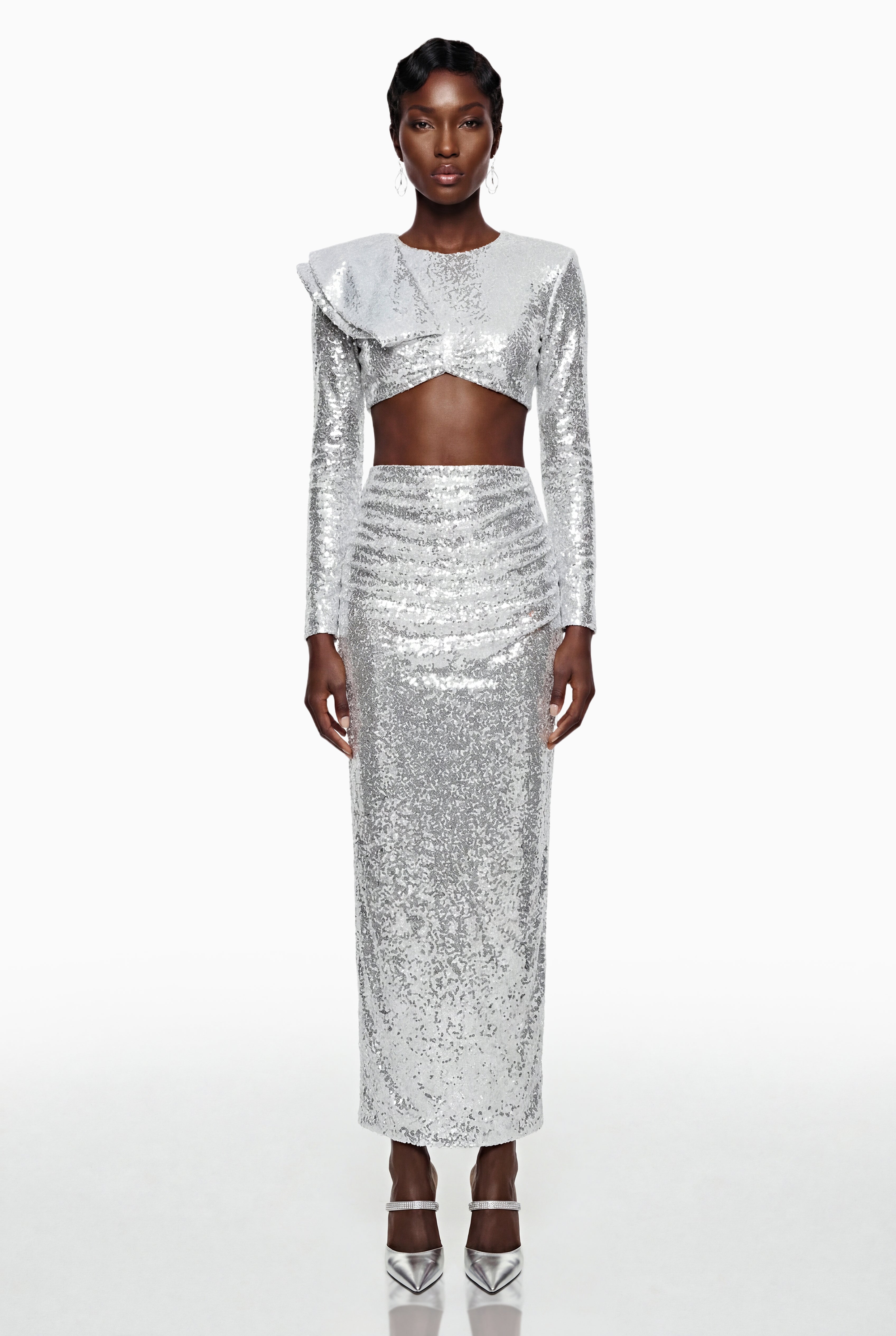 Selah Silver Asymmetrical Top & Skirt Set with Slit